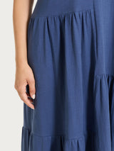 Vestito lungo con balze asimmetriche in Slub Jersey di Cotone Blu Donna - Ragno