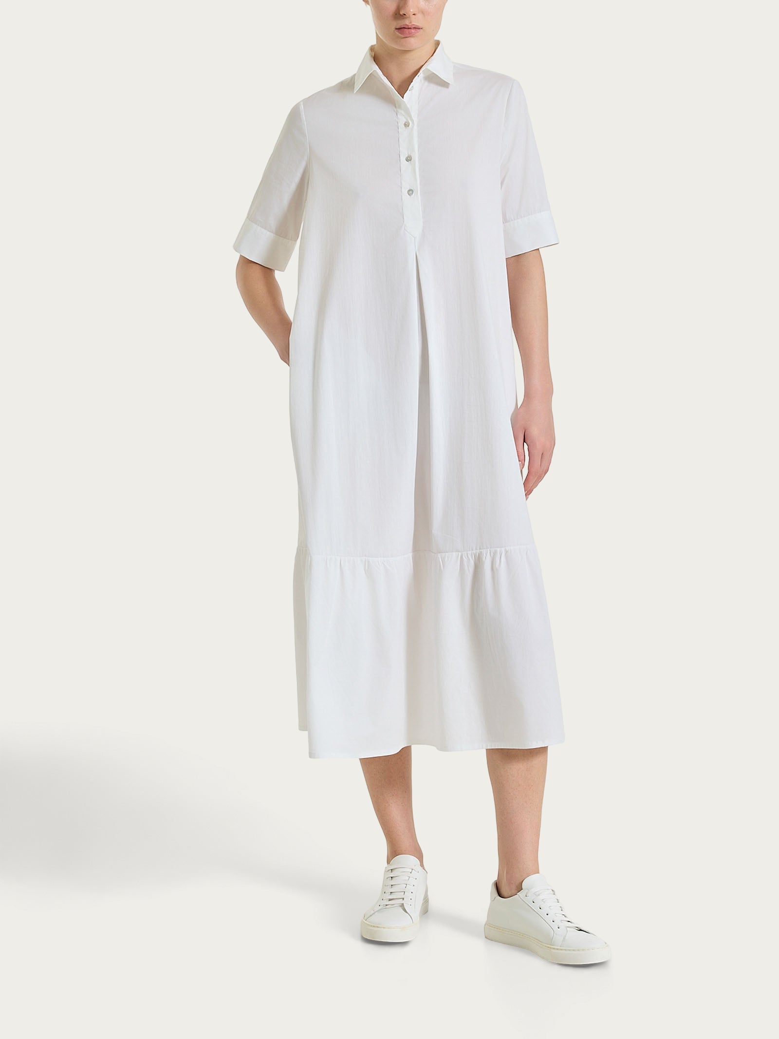 Abito lungo con collo a camicia in Poplin di Cotone Bianchi Donna - Ragno