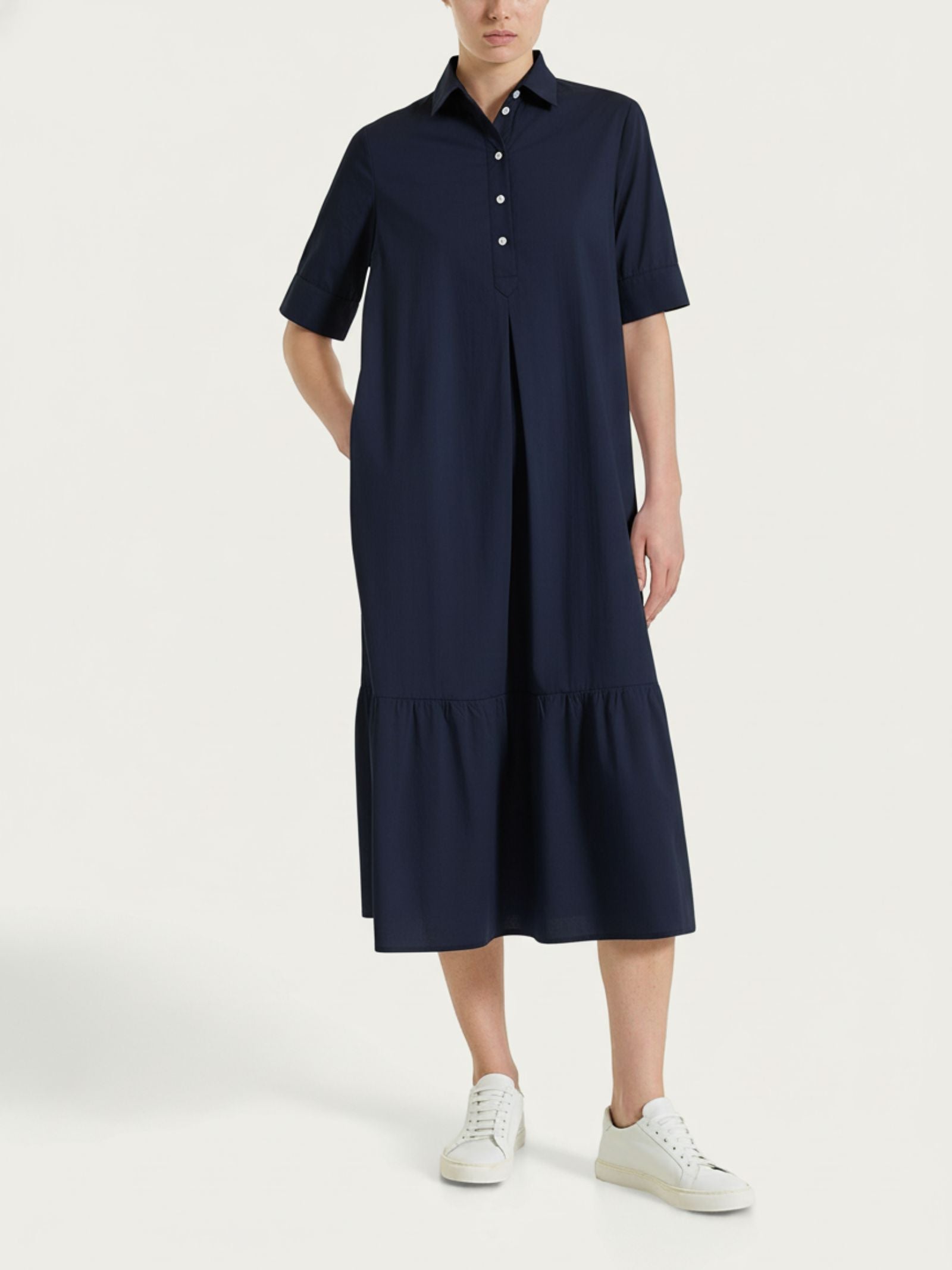 Abito lungo con collo a camicia in Poplin di Cotone Blu Donna - Ragno