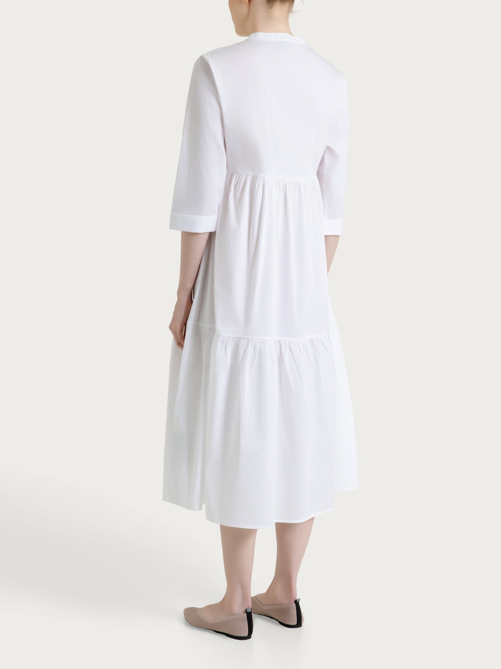 Abito con balze e pieghe frontali in Poplin di Cotone Bianchi Donna - Ragno