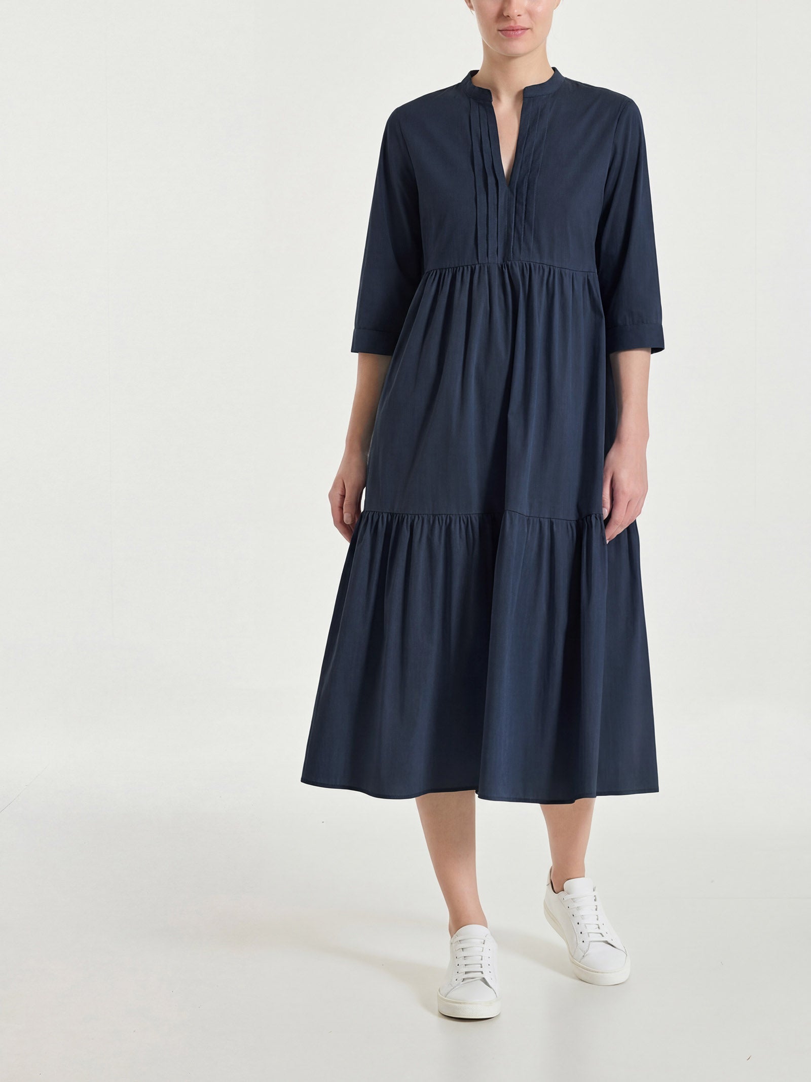 Abito con balze e pieghe frontali in Poplin di Cotone Blu Donna - Ragno