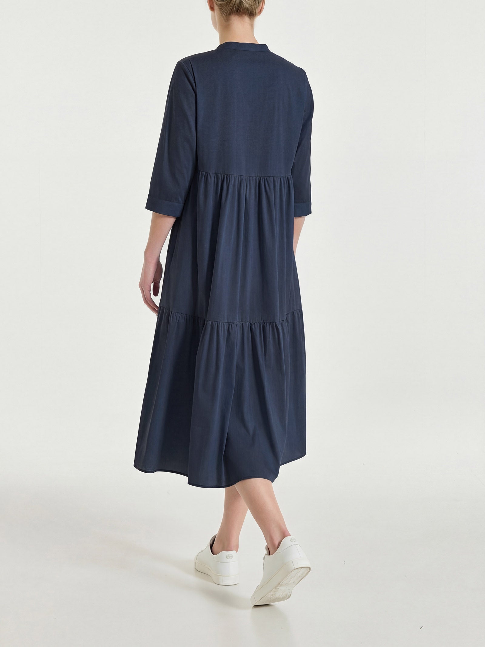 Abito con balze e pieghe frontali in Poplin di Cotone Blu Donna - Ragno