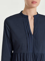 Abito con balze e pieghe frontali in Poplin di Cotone Blu Donna - Ragno