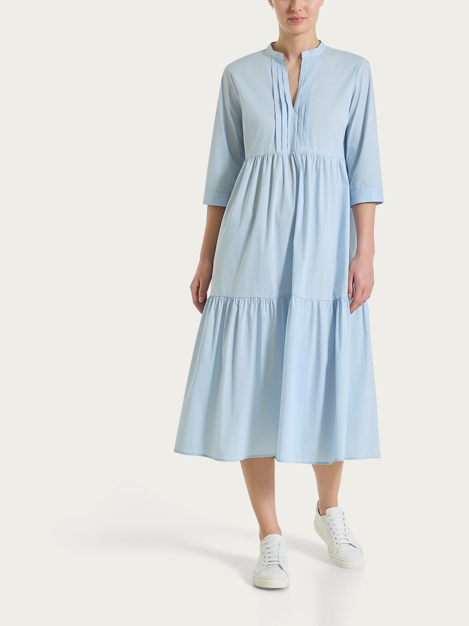 Abito con balze e pieghe frontali in Poplin di Cotone Azzurri Donna - Ragno