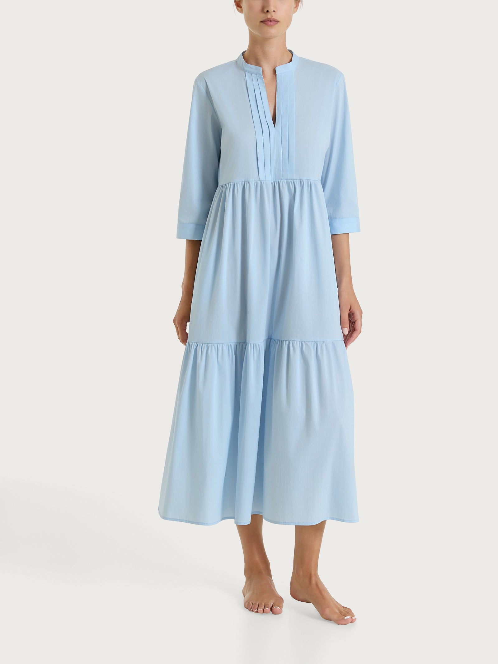 Abito con balze e pieghe frontali in Poplin di Cotone Azzurri Donna - Ragno