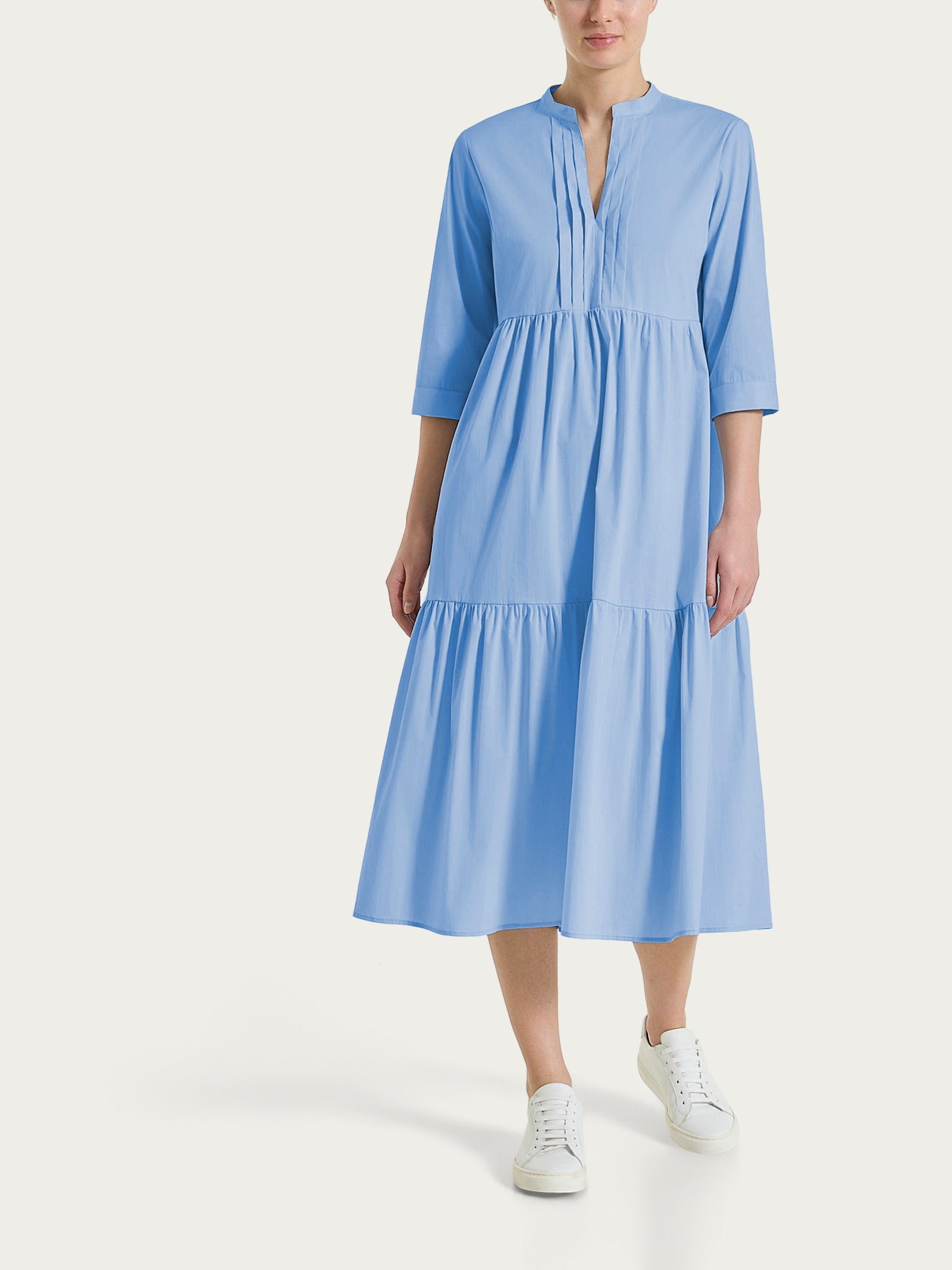 Abito con balze e pieghe frontali in Poplin di Cotone Blu Donna - Ragno