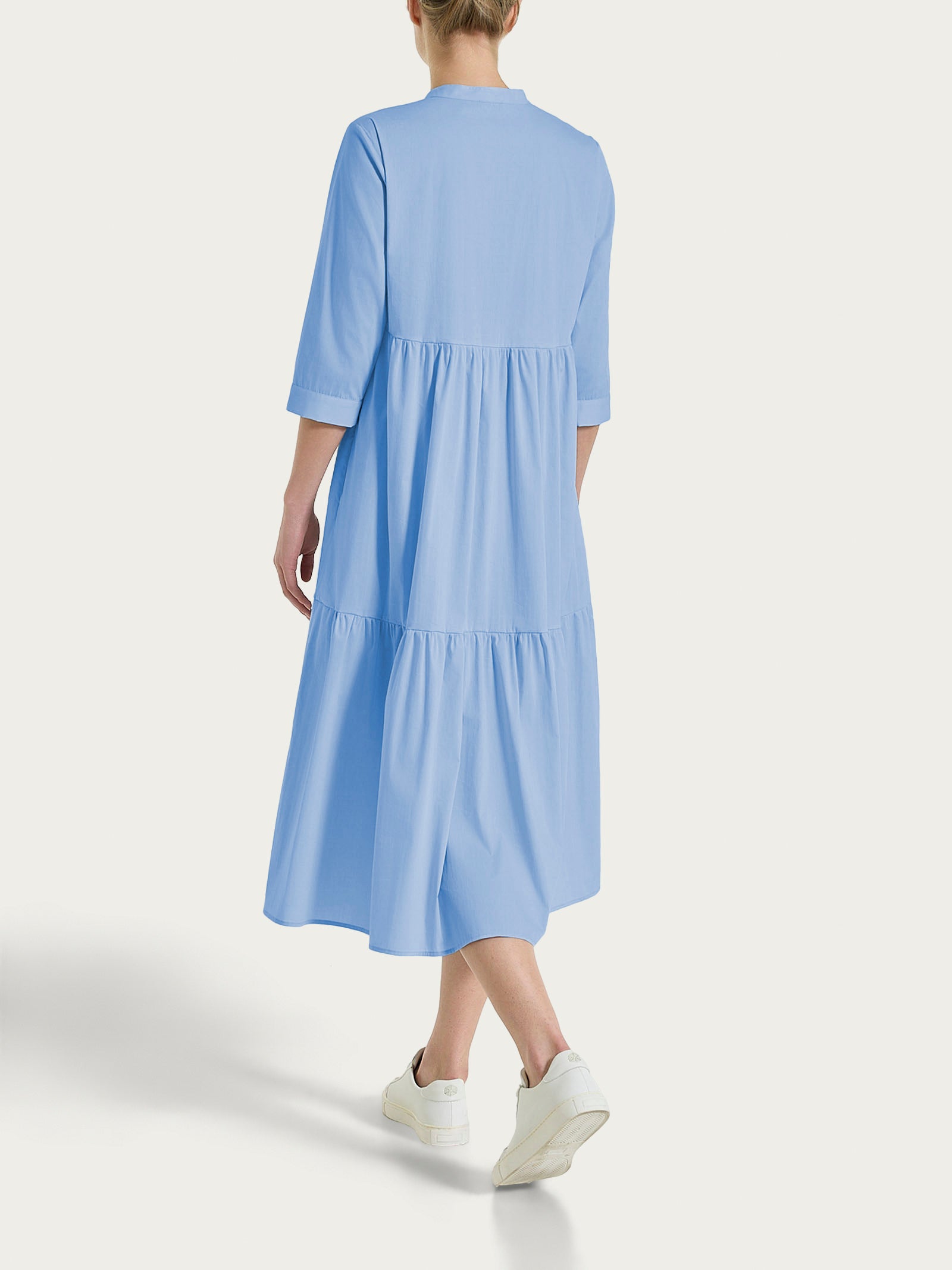 Abito con balze e pieghe frontali in Poplin di Cotone Blu Donna - Ragno