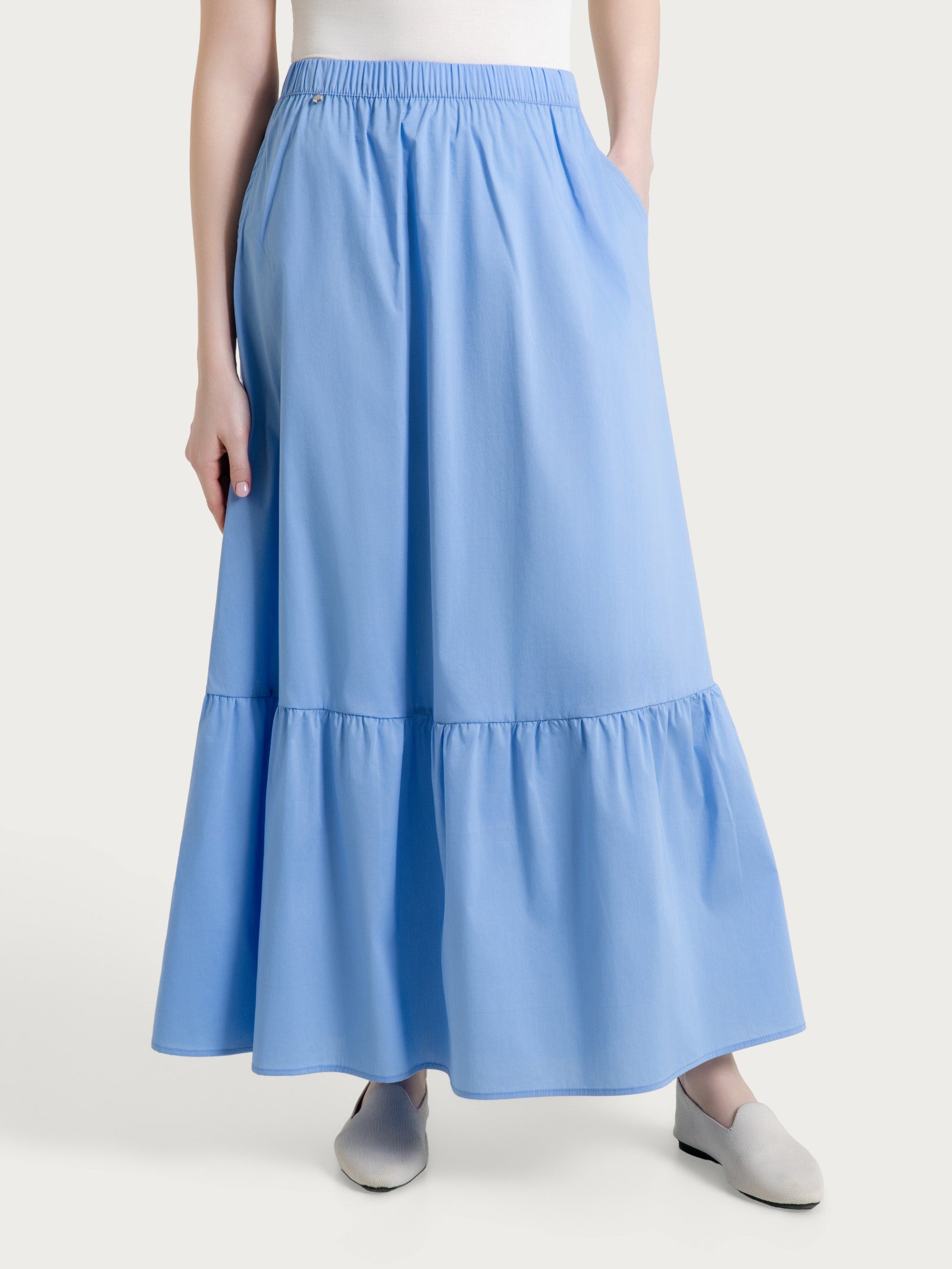 Long Flounce Skirt in Cotton Popline Blue Women's - Ragno