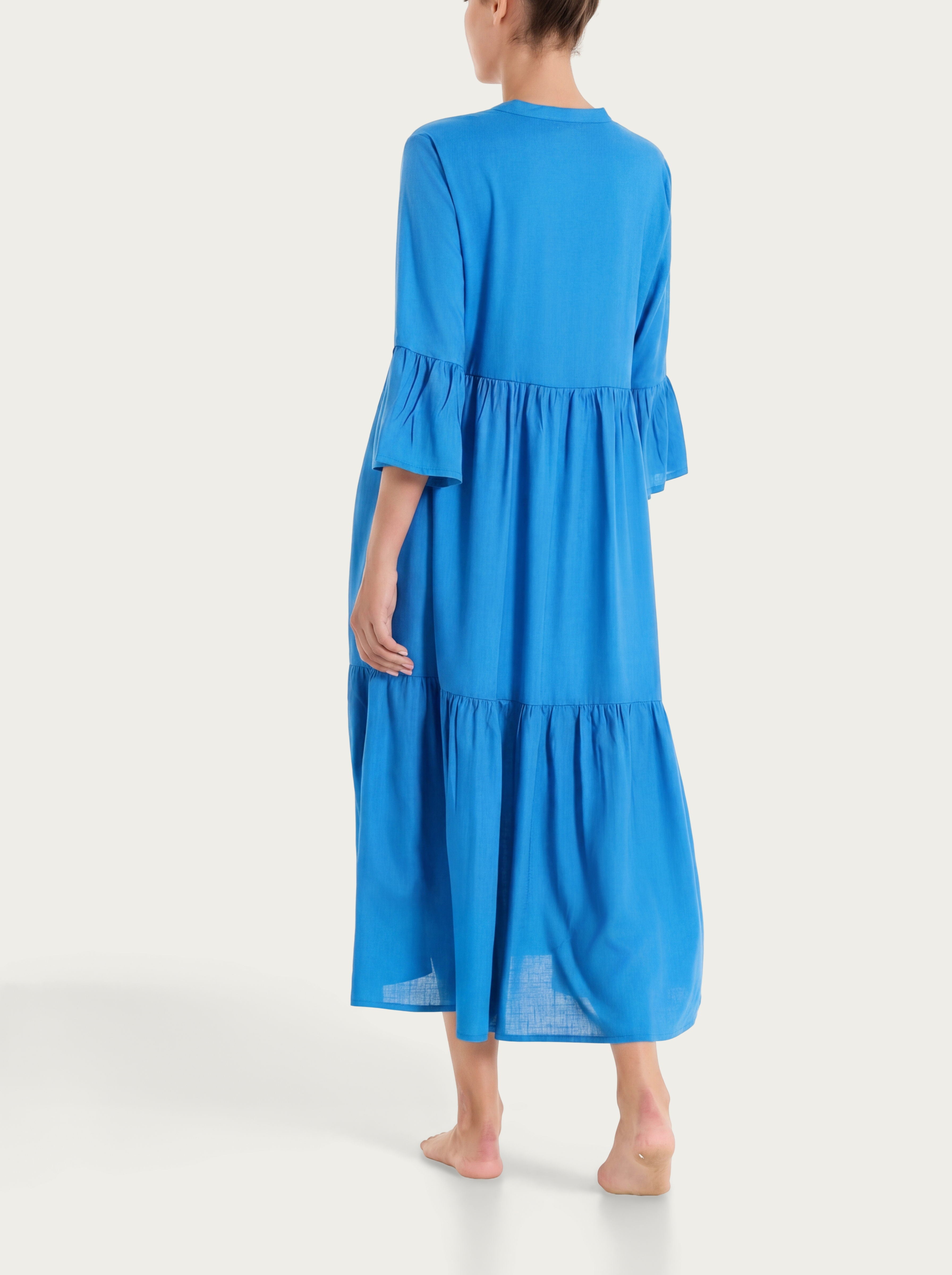 Langes, offenes Rüschenkleid aus hellblauem Musselin Slub für Frauen - Ragno