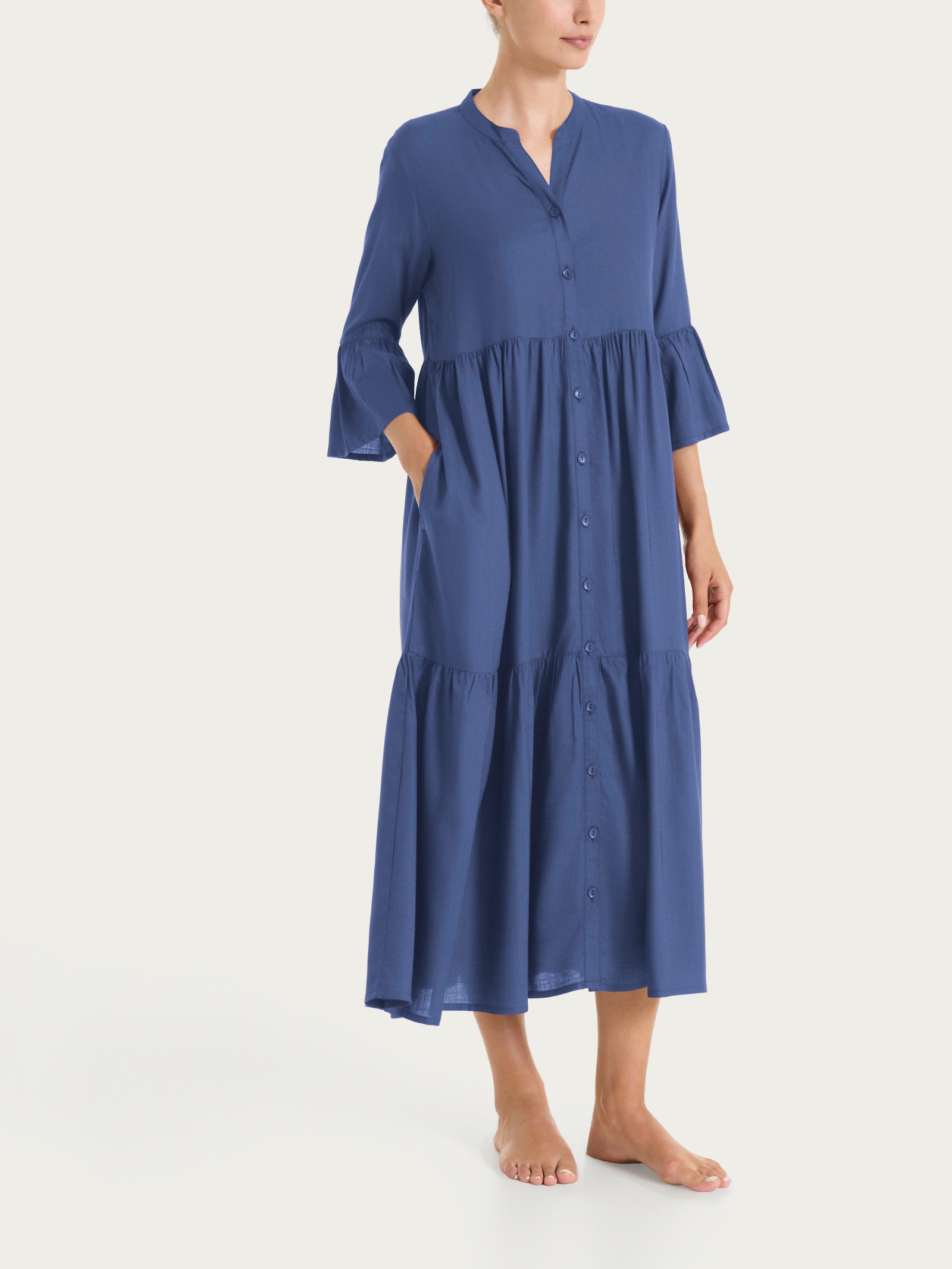 Abito lungo e aperto con balze in Mussola Slub Blu Donna - Ragno