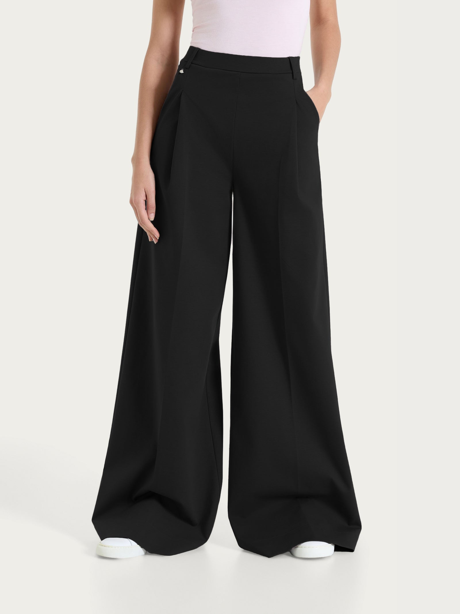 Pantalone lungo a palazzo con tasche e pinces in Compact Light Neri Donna - Ragno