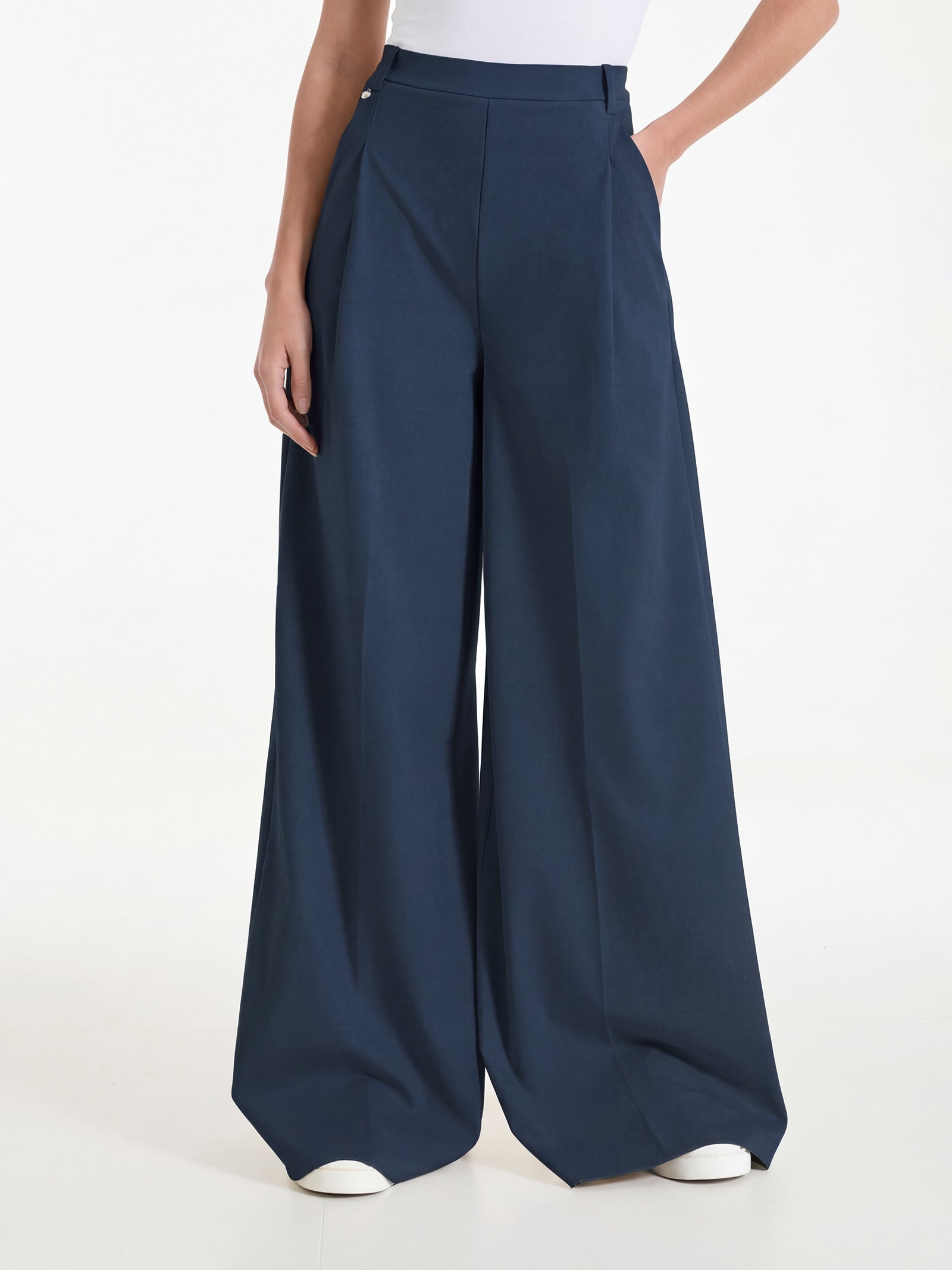Pantalone lungo a palazzo con tasche e pinces in Compact Light Blu Donna - Ragno