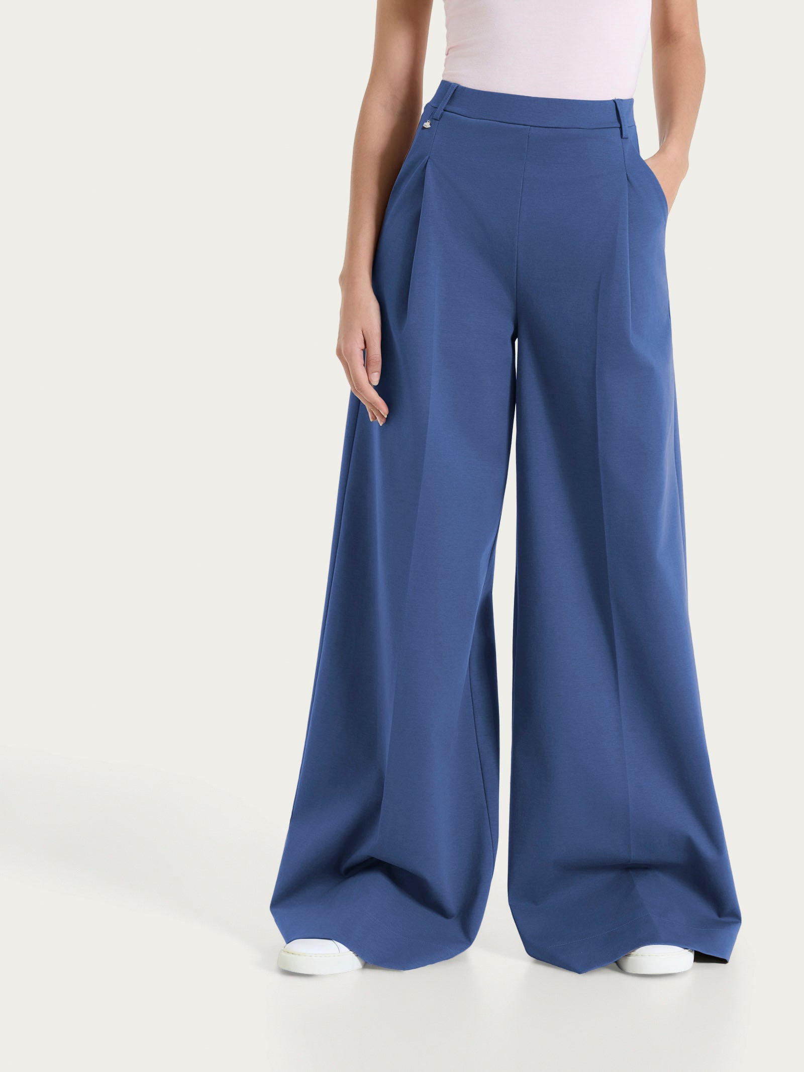 Pantalone lungo a palazzo con tasche e pinces in Compact Light Blu Donna - Ragno