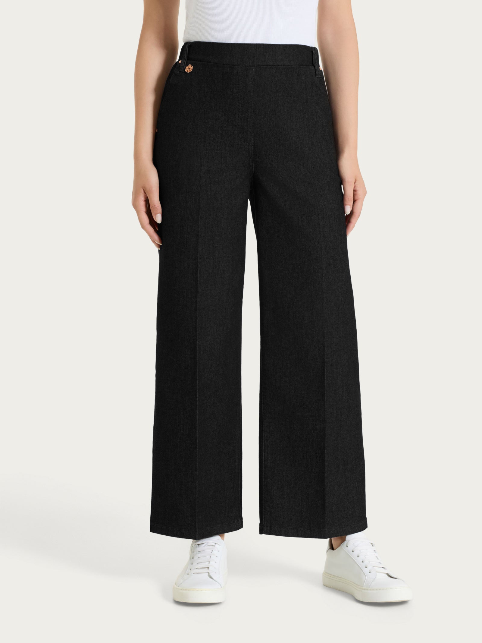 Jeans ampio alla caviglia con tasche e vita piatta in Light Denim Neri Donna - Ragno