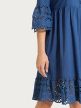 Vestito con dettagli in Sangallo e Mussola di Cotone Blu Donna - Ragno