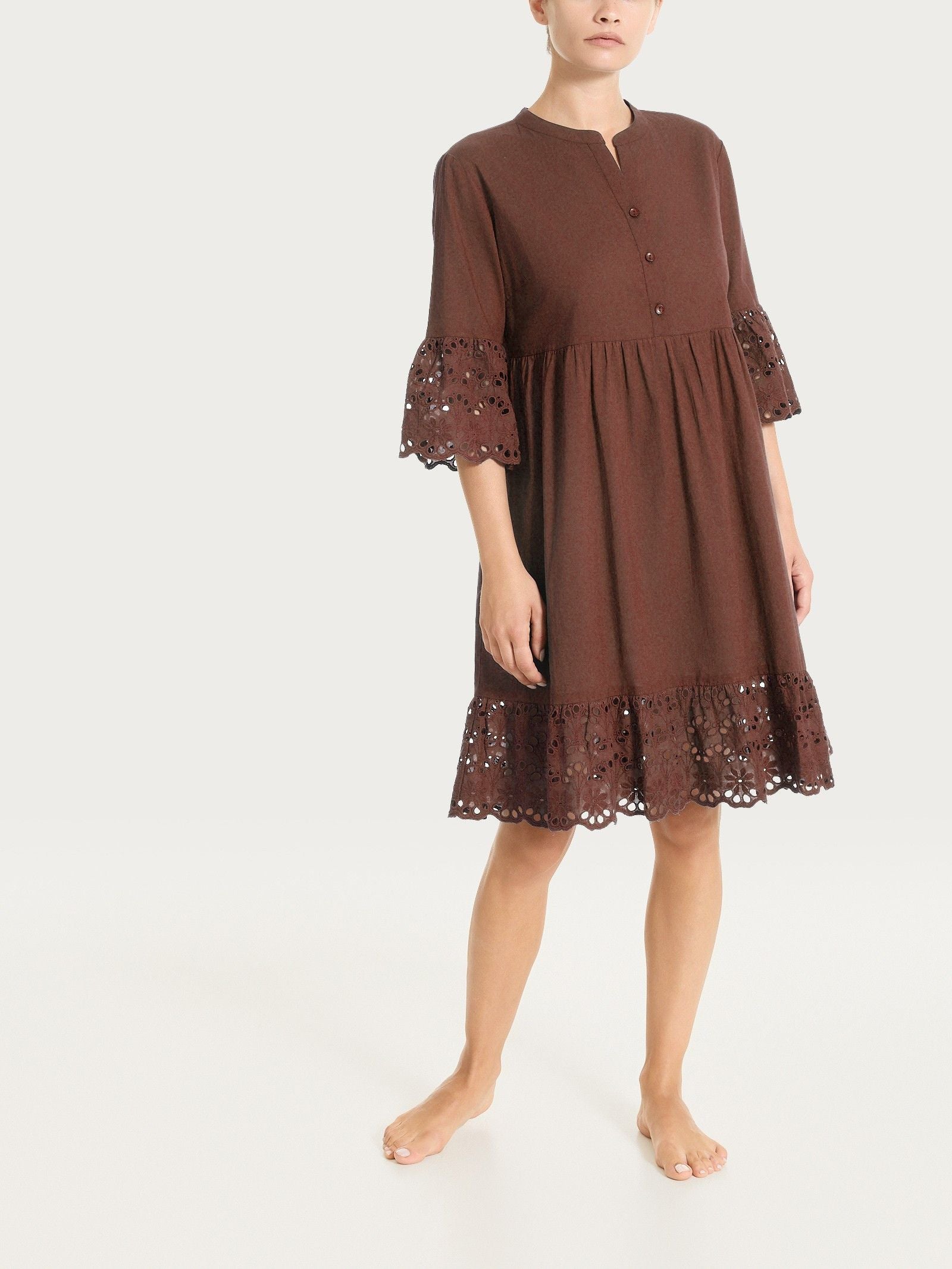 Vestito con dettagli in Sangallo e Mussola di Cotone Marroni Donna - Ragno