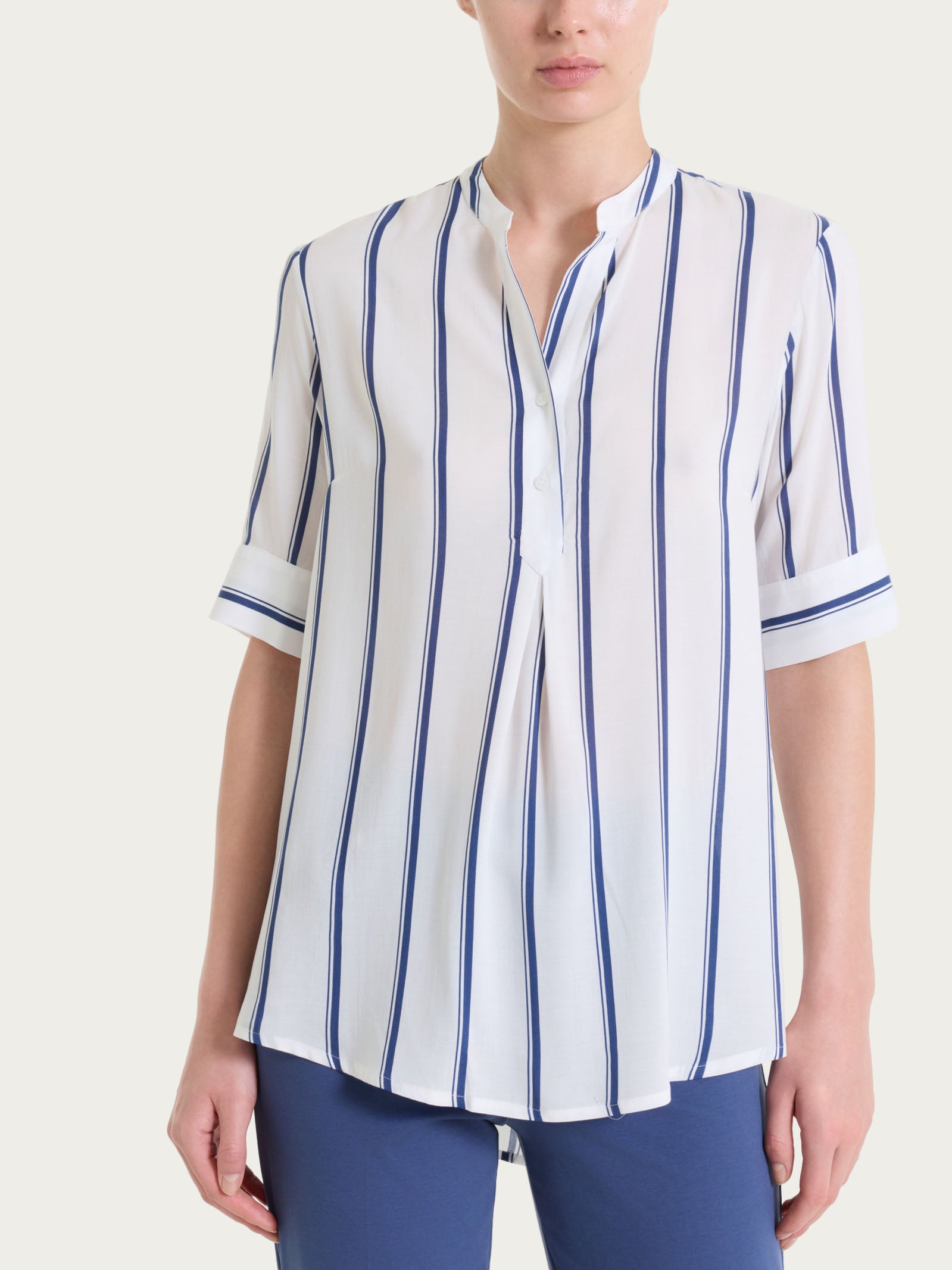 Blusa a righe spaziate e manica corta in EcoSeta Blu Donna - Ragno