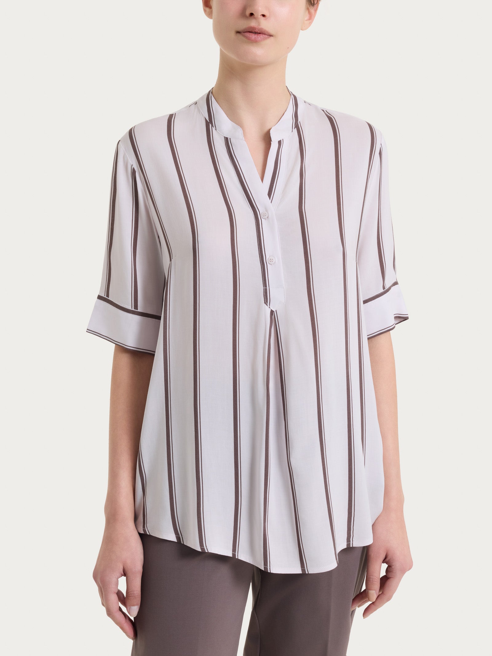 Blusa a righe spaziate e manica corta in EcoSeta Marroni Donna - Ragno