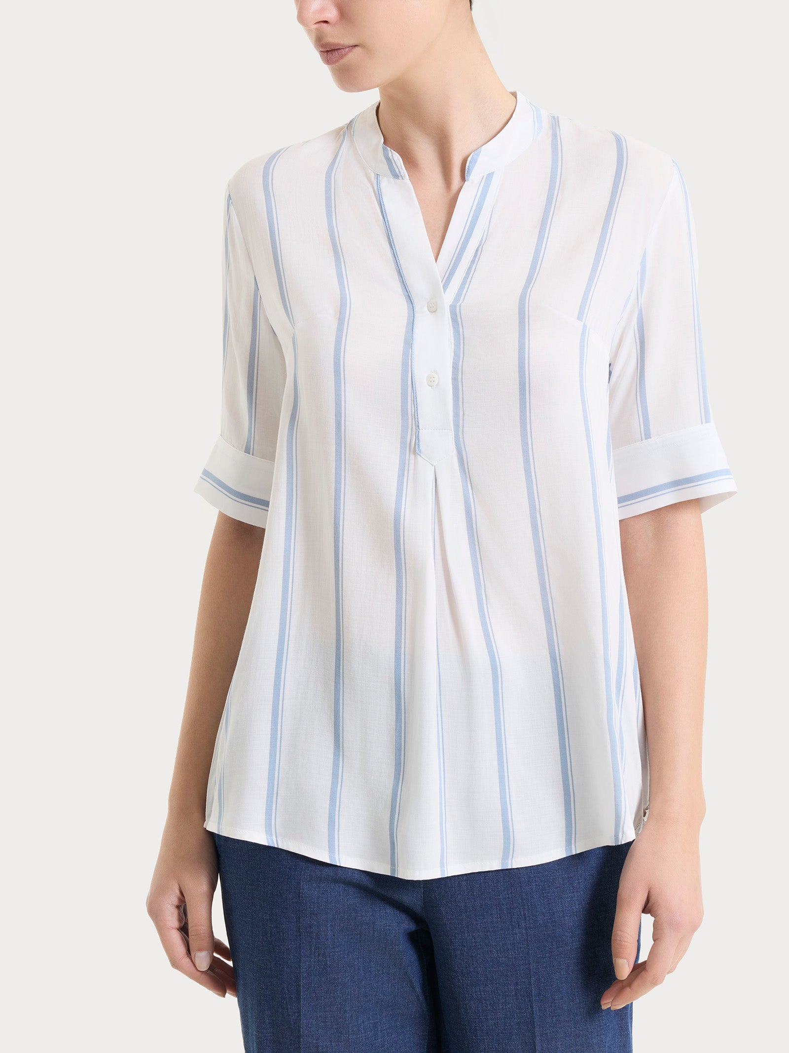 Blusa a righe spaziate e manica corta in EcoSeta Azzurri Donna - Ragno