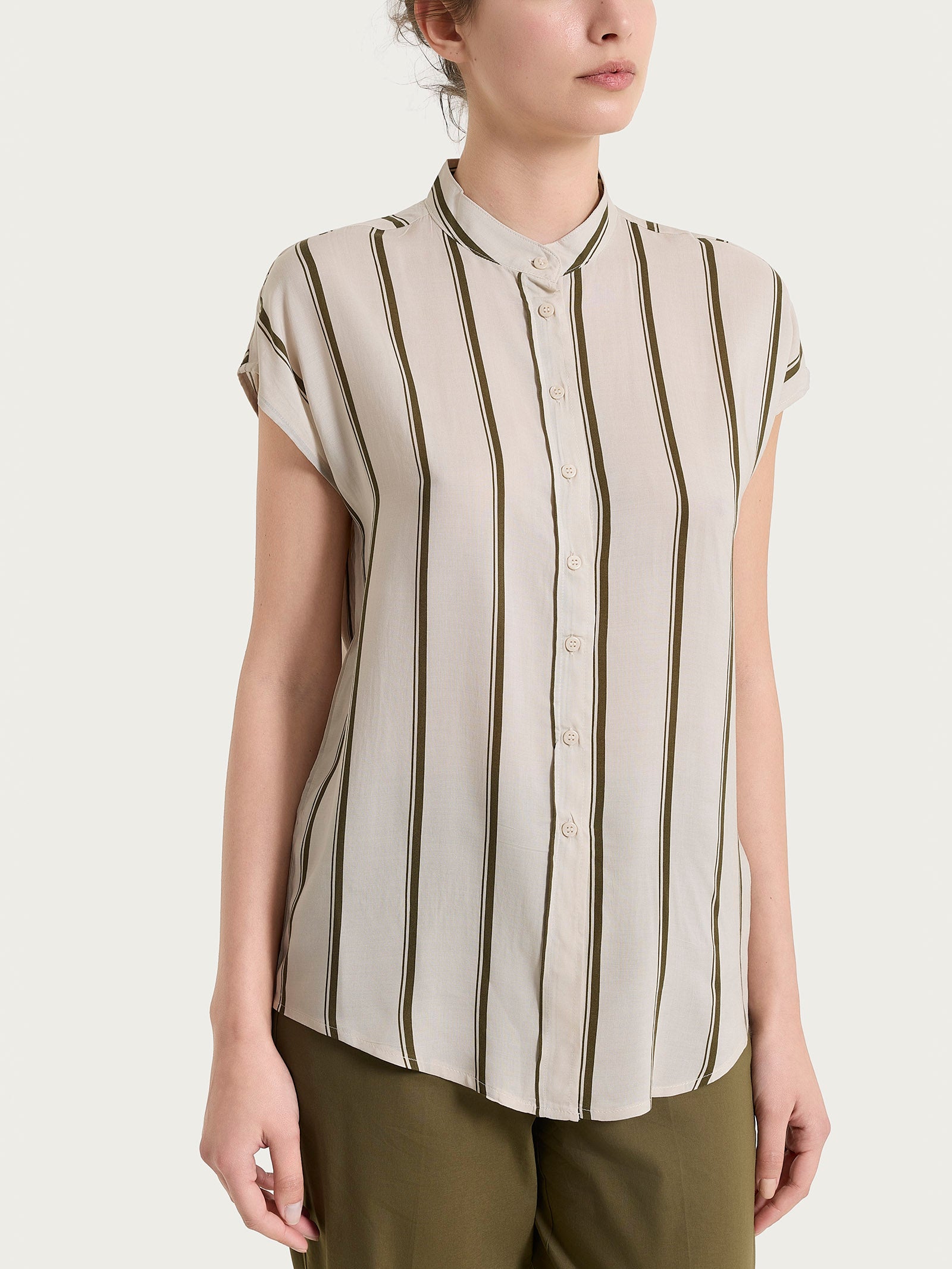 Camicia a righe spaziate e manica corta in EcoSeta Verdi Donna - Ragno