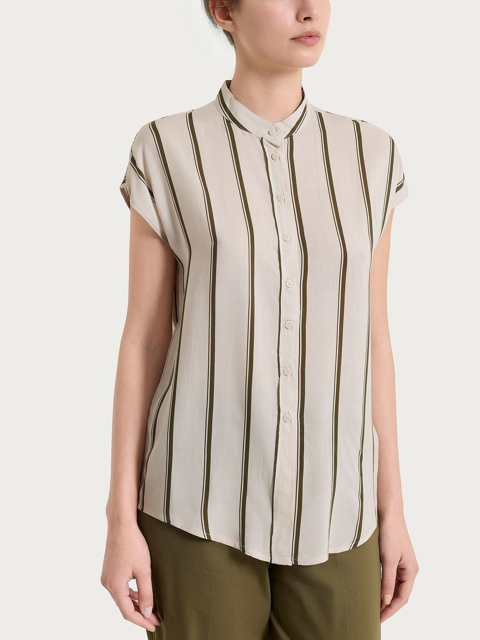 Camicia a righe spaziate e manica corta in EcoSeta Verdi Donna - Ragno