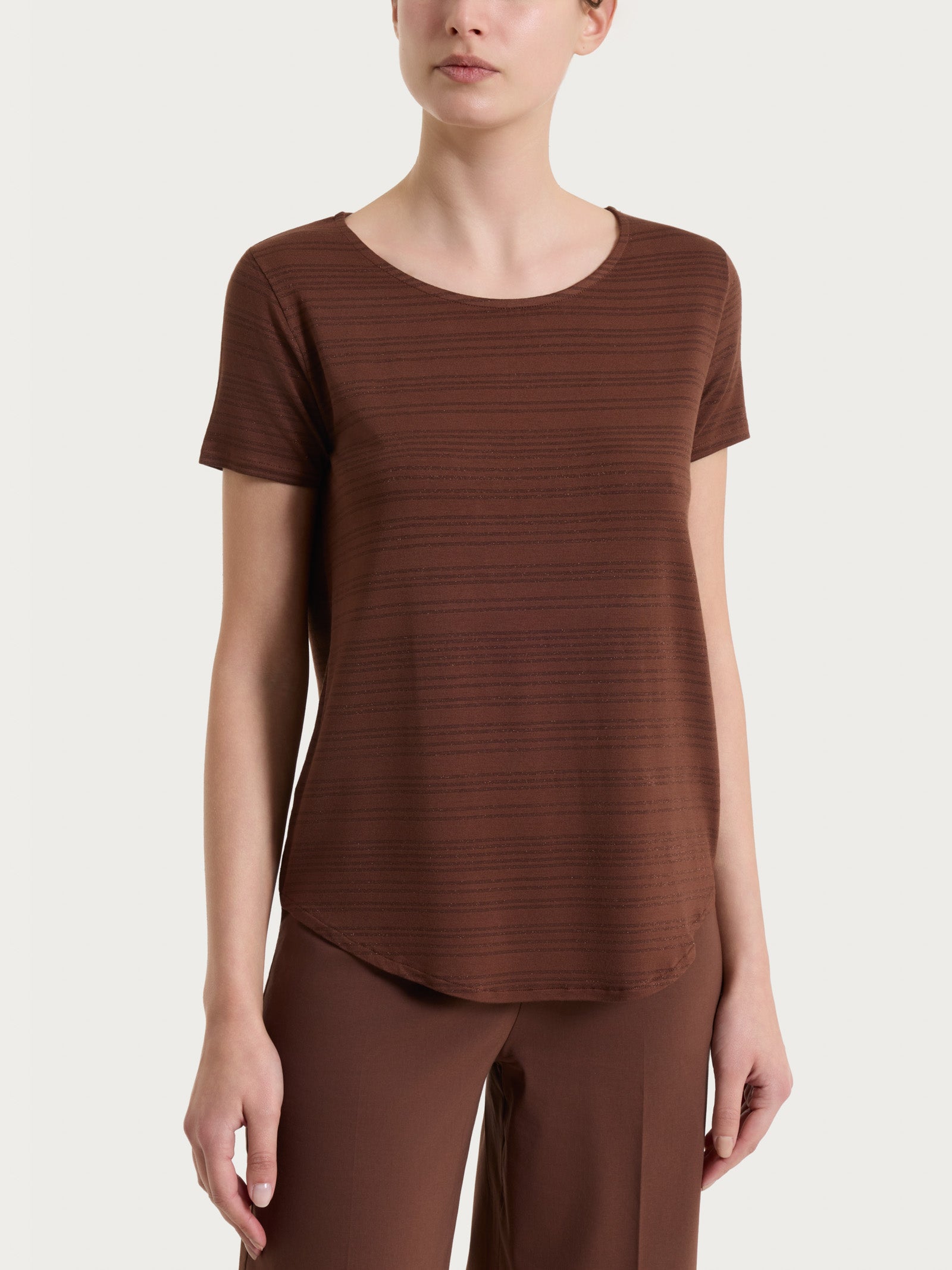 Maglietta con righe orizzontali alternate in Viscosa Summer e Lurex Marroni Donna - Ragno