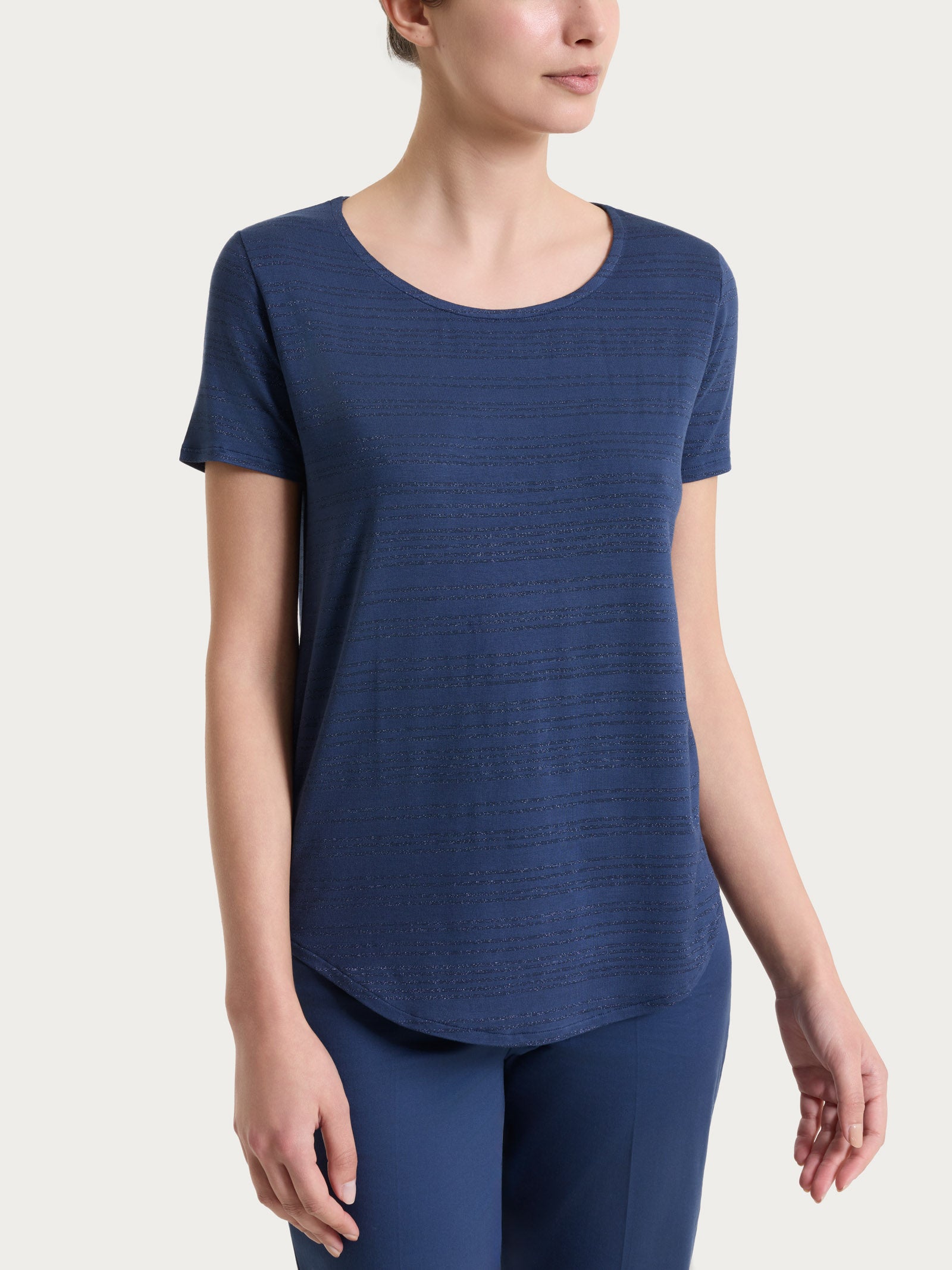 Maglietta con righe orizzontali alternate in Viscosa Summer e Lurex Blu Donna - Ragno