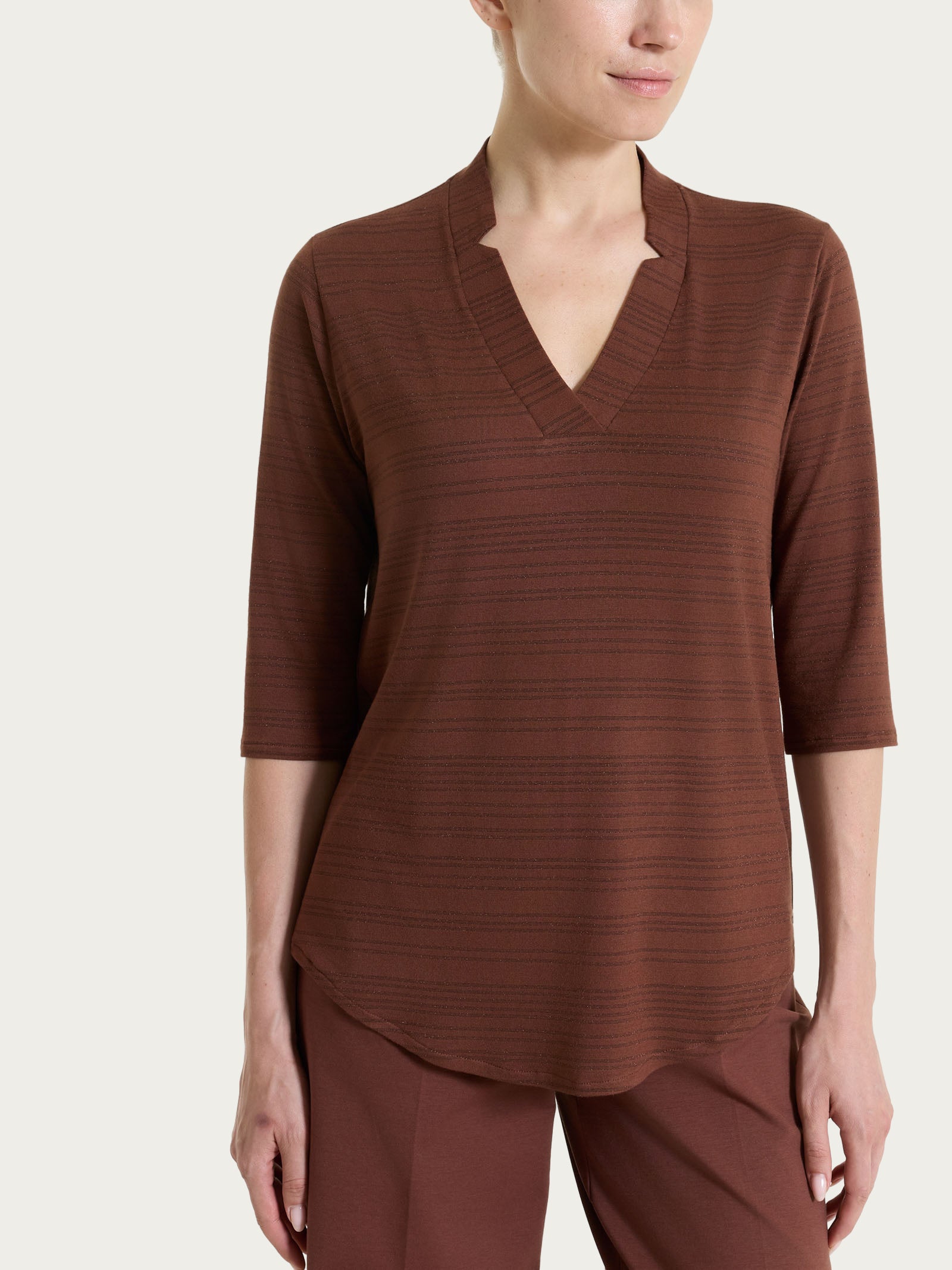 Maglietta con scollo a V e righe orizzontali alternate in Viscosa Summer Marroni Donna - Ragno