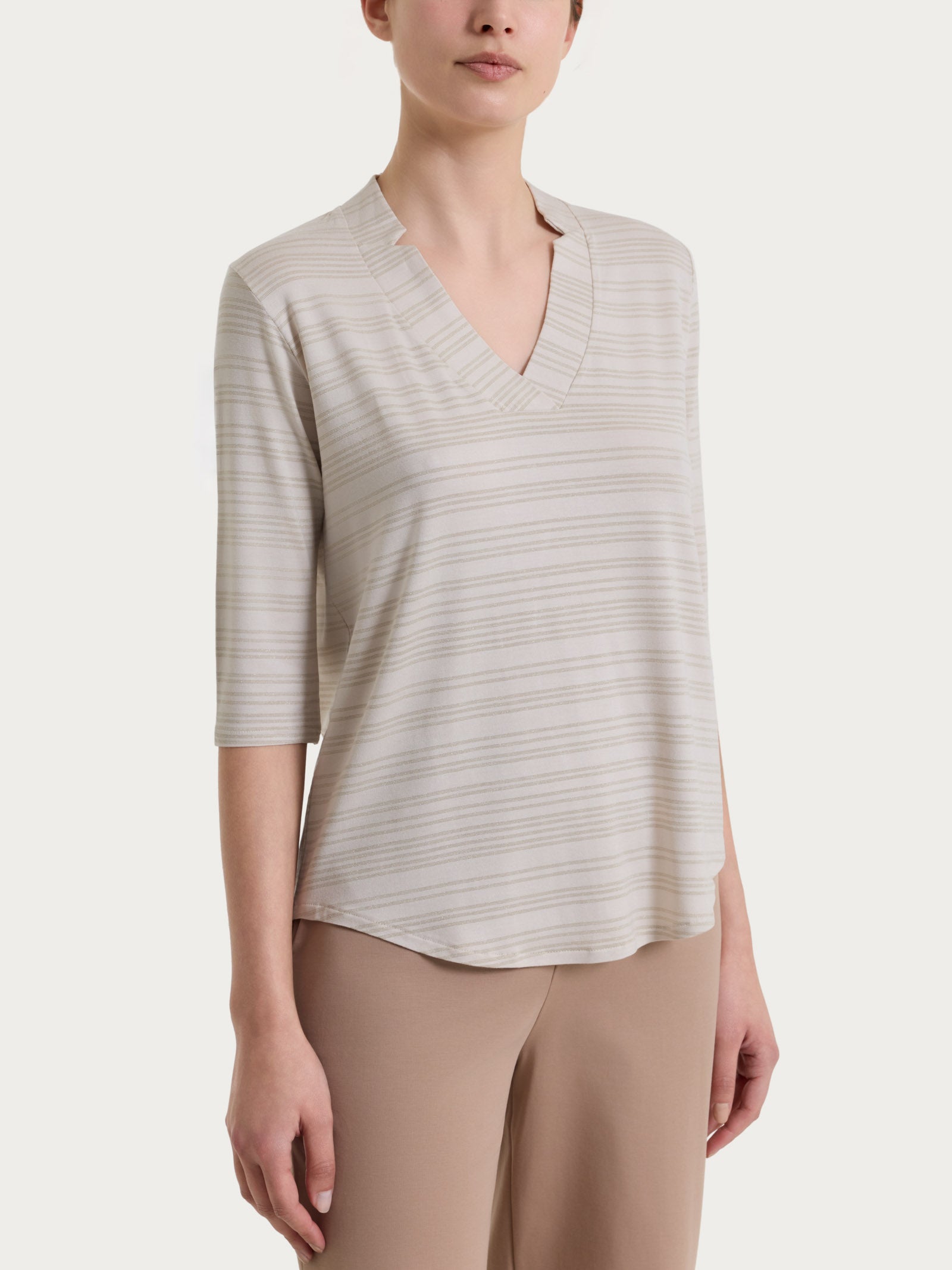 Maglietta con scollo a V e righe orizzontali alternate in Viscosa Summer Bianchi Donna - Ragno