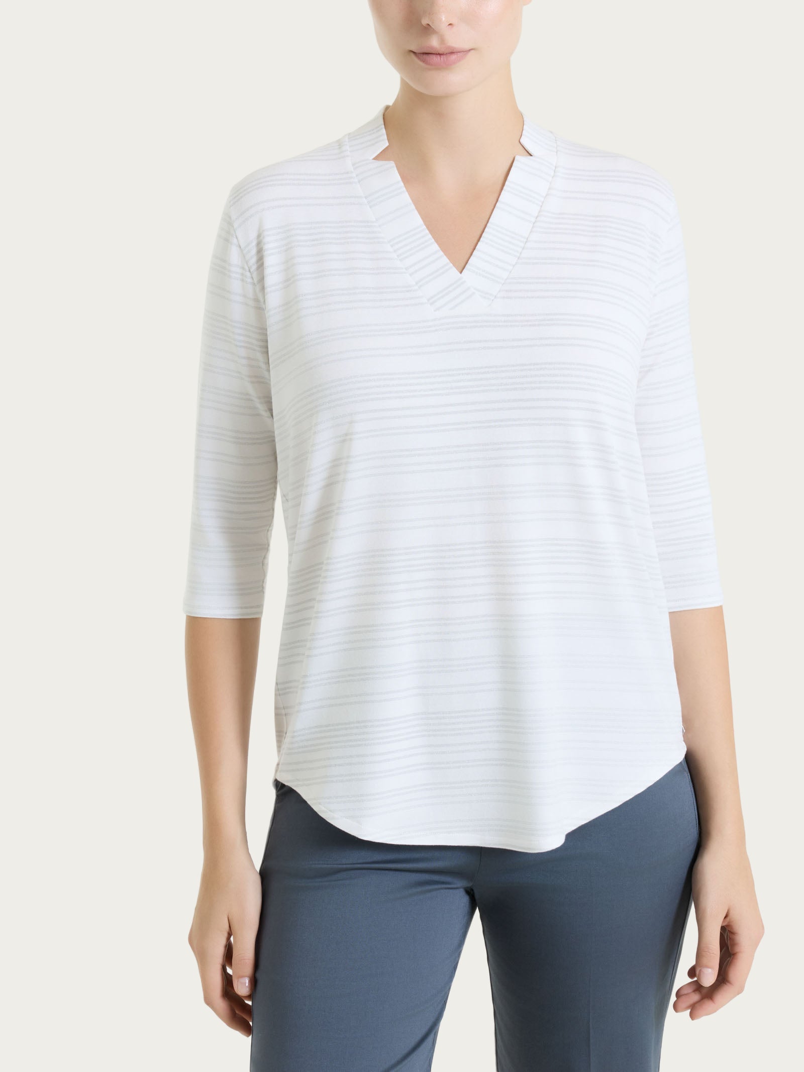 Maglietta con scollo a V e righe orizzontali alternate in Viscosa Summer Bianchi Donna - Ragno