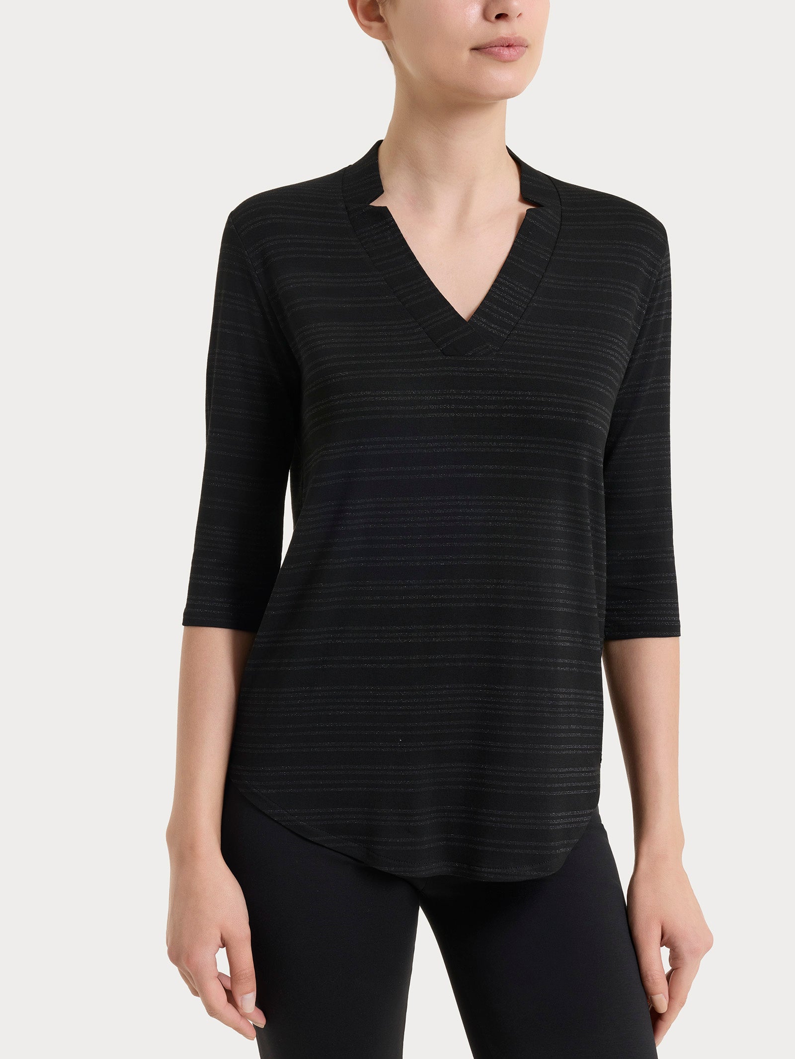 Maglietta con scollo a V e righe orizzontali alternate in Viscosa Summer Neri Donna - Ragno