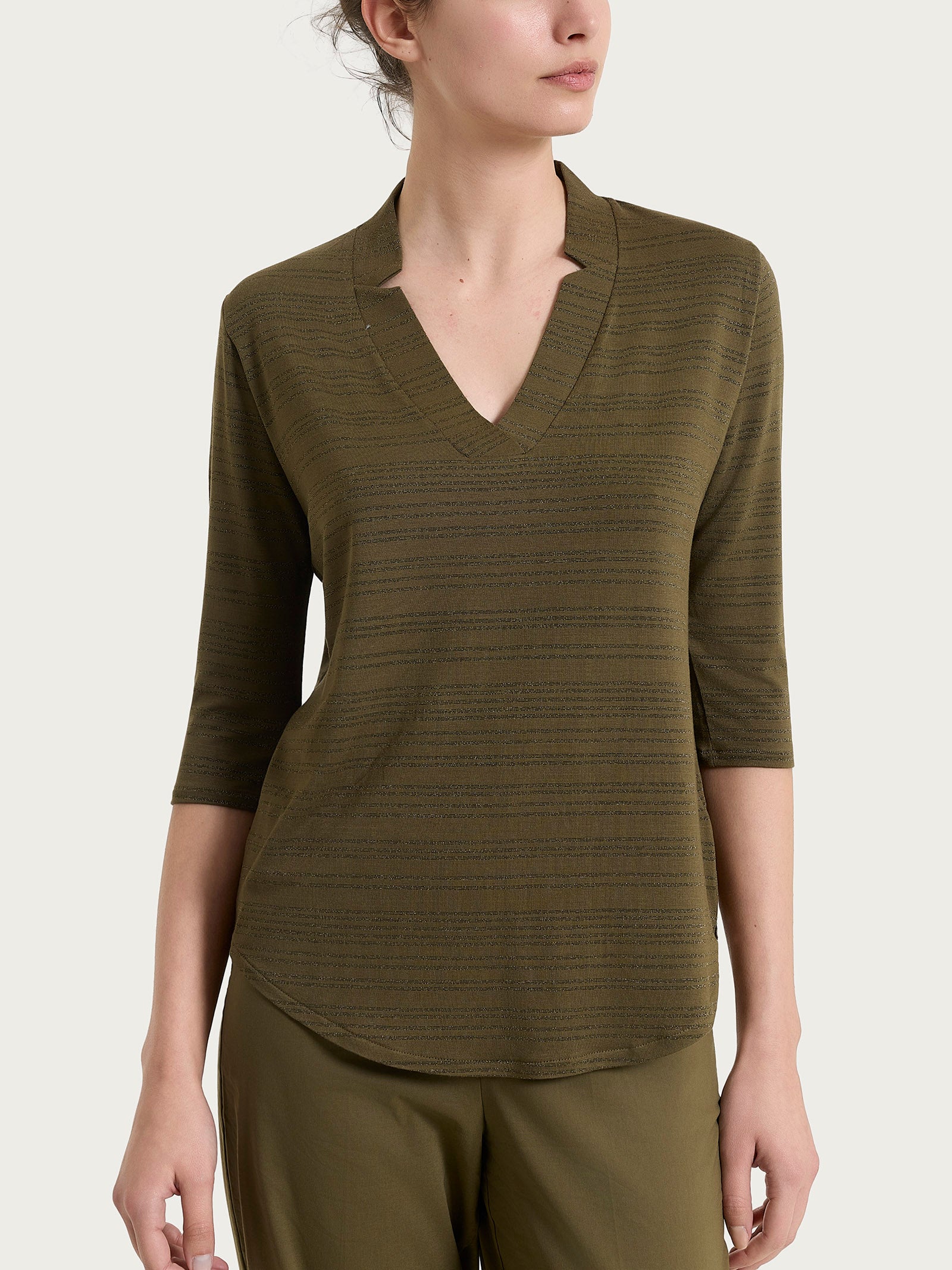 Maglietta con scollo a V e righe orizzontali alternate in Viscosa Summer Verdi Donna - Ragno