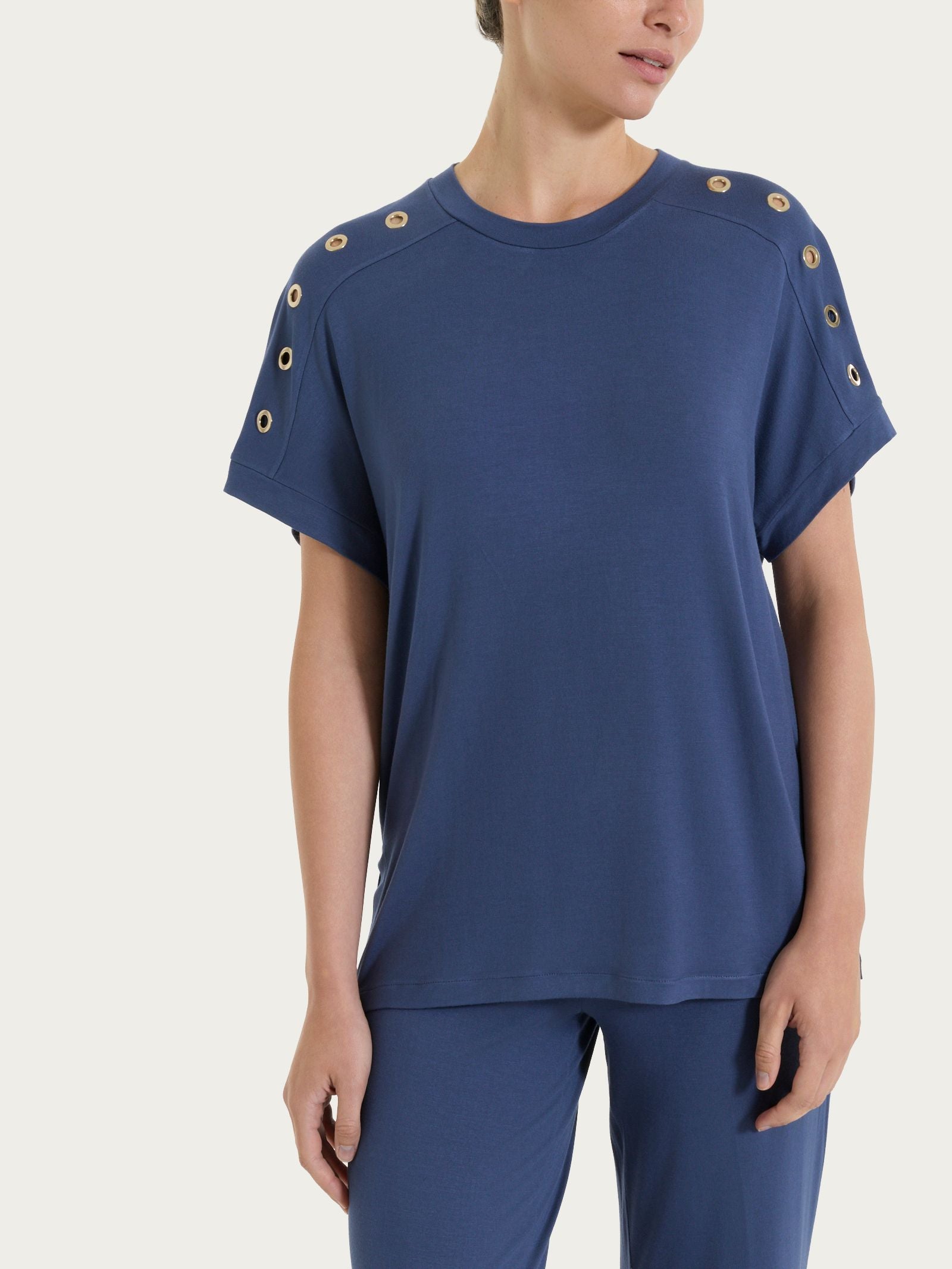Maglietta girocollo con occhielli in Viscosa Summer  Blu Donna - Ragno