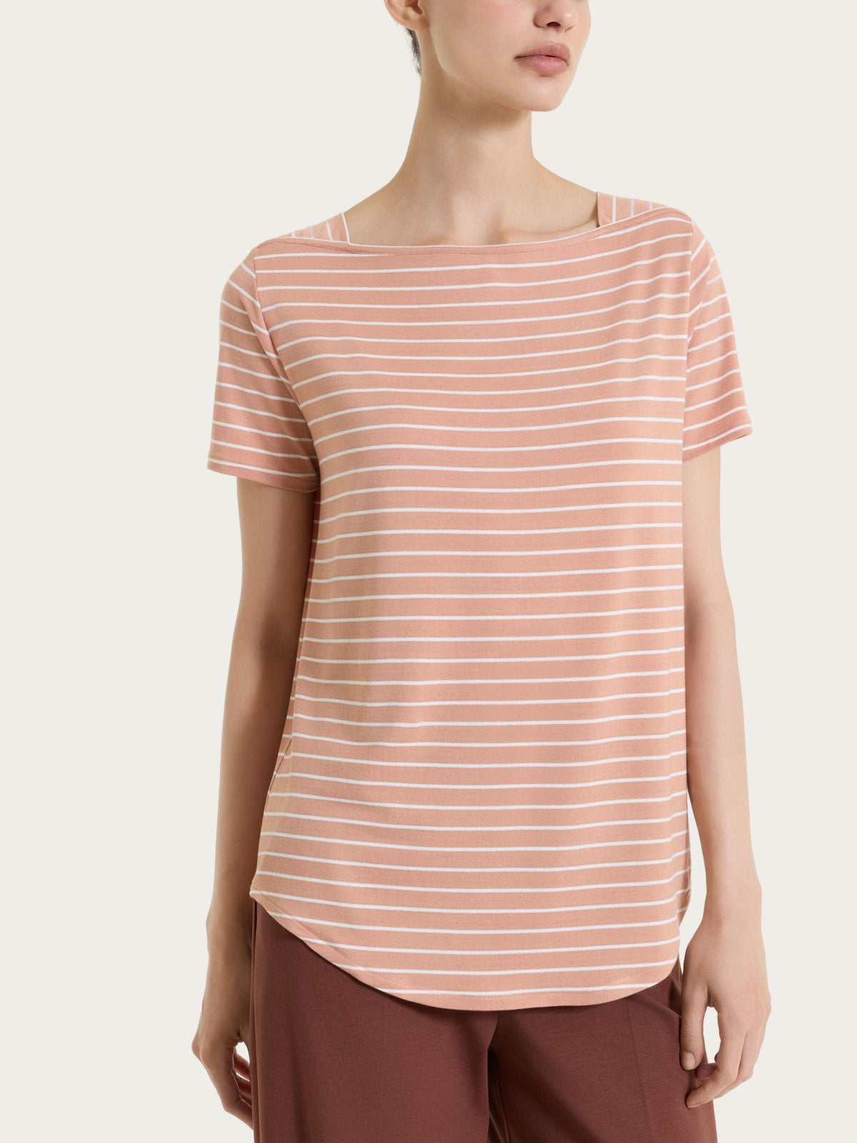 Maglietta a righe con collo a barchetta in Summer Light Piquet Arancioni Donna - Ragno