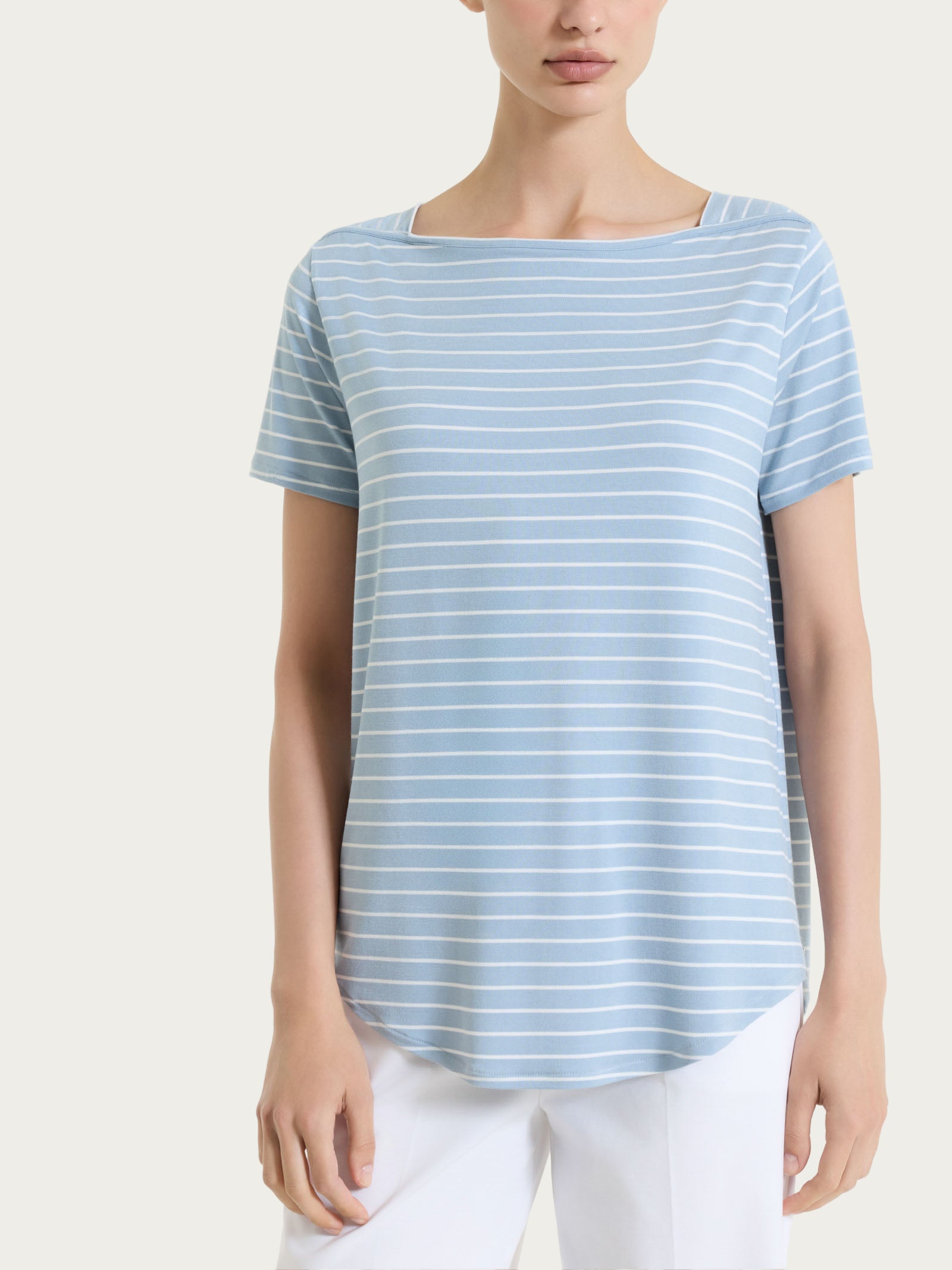 Maglietta a righe con collo a barchetta in Summer Light Piquet Azzurri Donna - Ragno