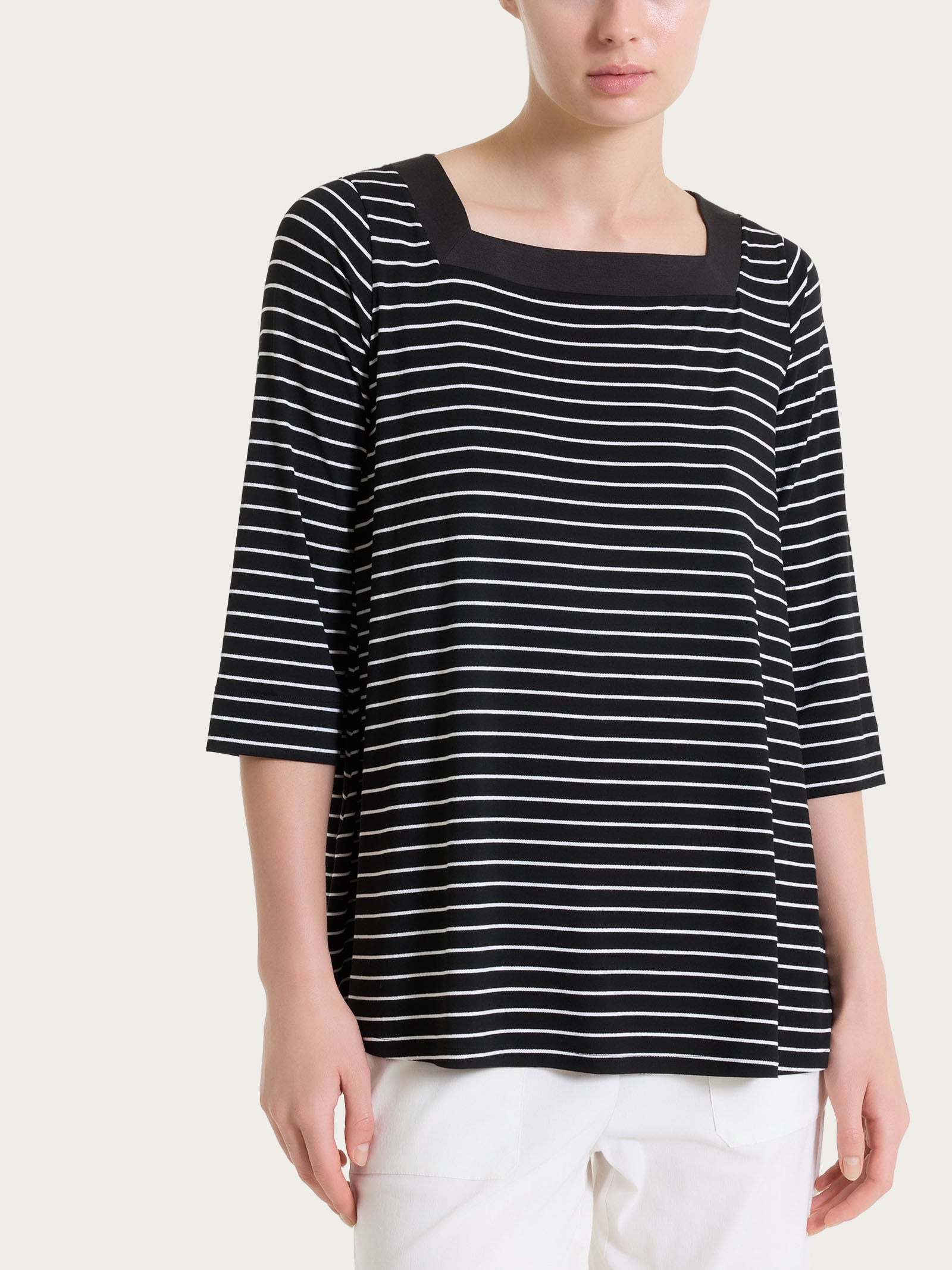 Maglietta a righe con collo squadrato in Summer Light Piquet Neri Donna - Ragno