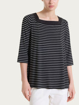 Maglietta a righe con collo squadrato in Summer Light Piquet Neri Donna - Ragno