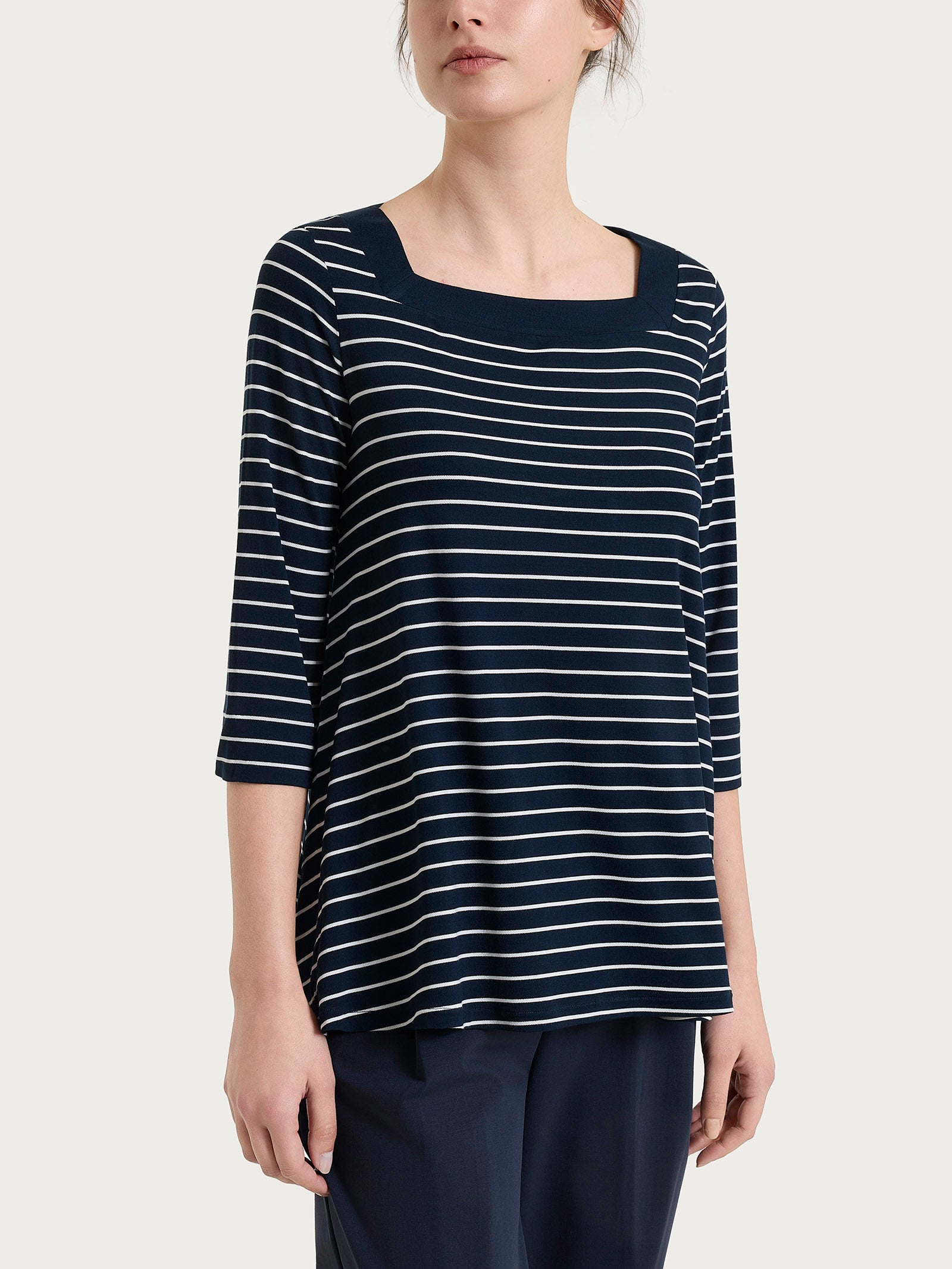 Maglietta a righe con collo squadrato in Summer Light Piquet Blu Donna - Ragno