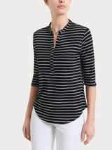 Summer Light Piquet Nero Women's Serafino Neck Striped T-Shirt - Ragno