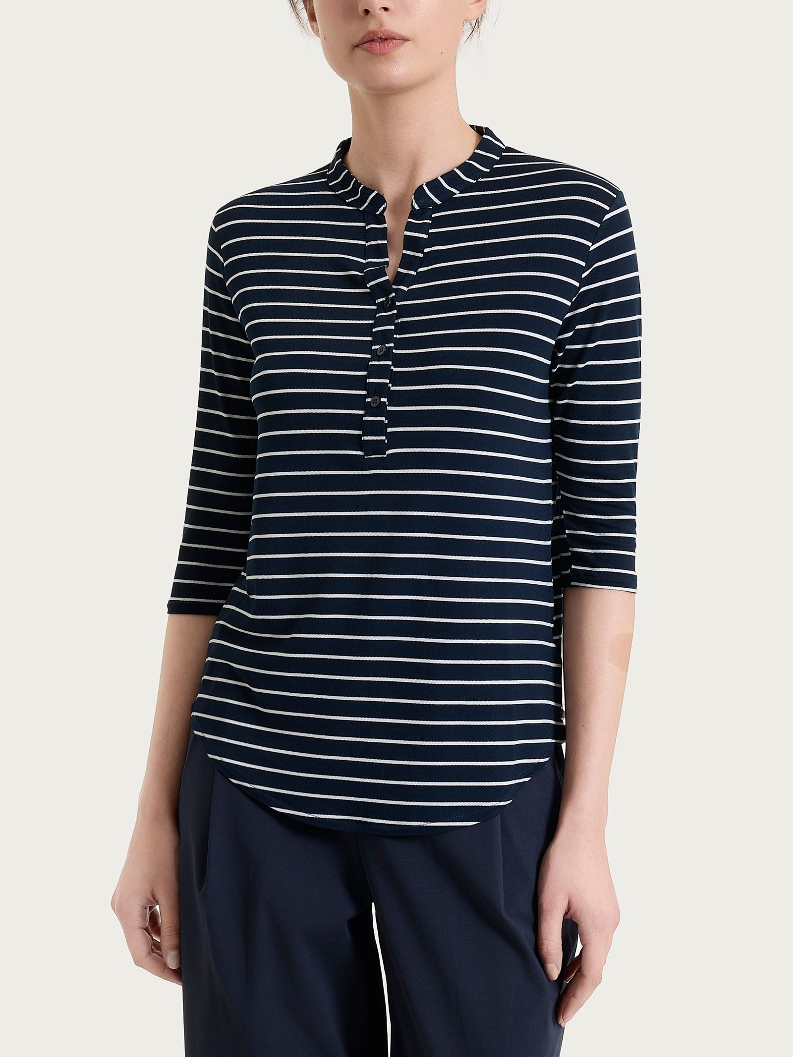 Maglietta a righe con collo a serafino in Summer Light Piquet Blu Donna - Ragno