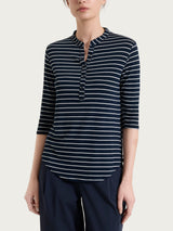 Maglietta a righe con collo a serafino in Summer Light Piquet Blu Donna - Ragno