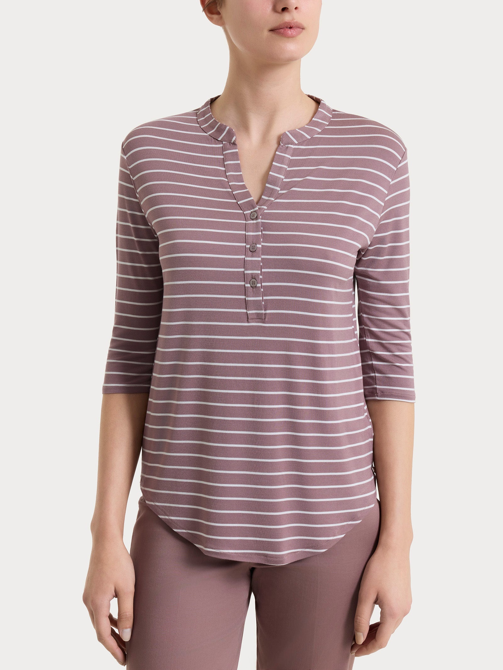 Maglietta a righe con collo a serafino in Summer Light Piquet Viola Donna - Ragno