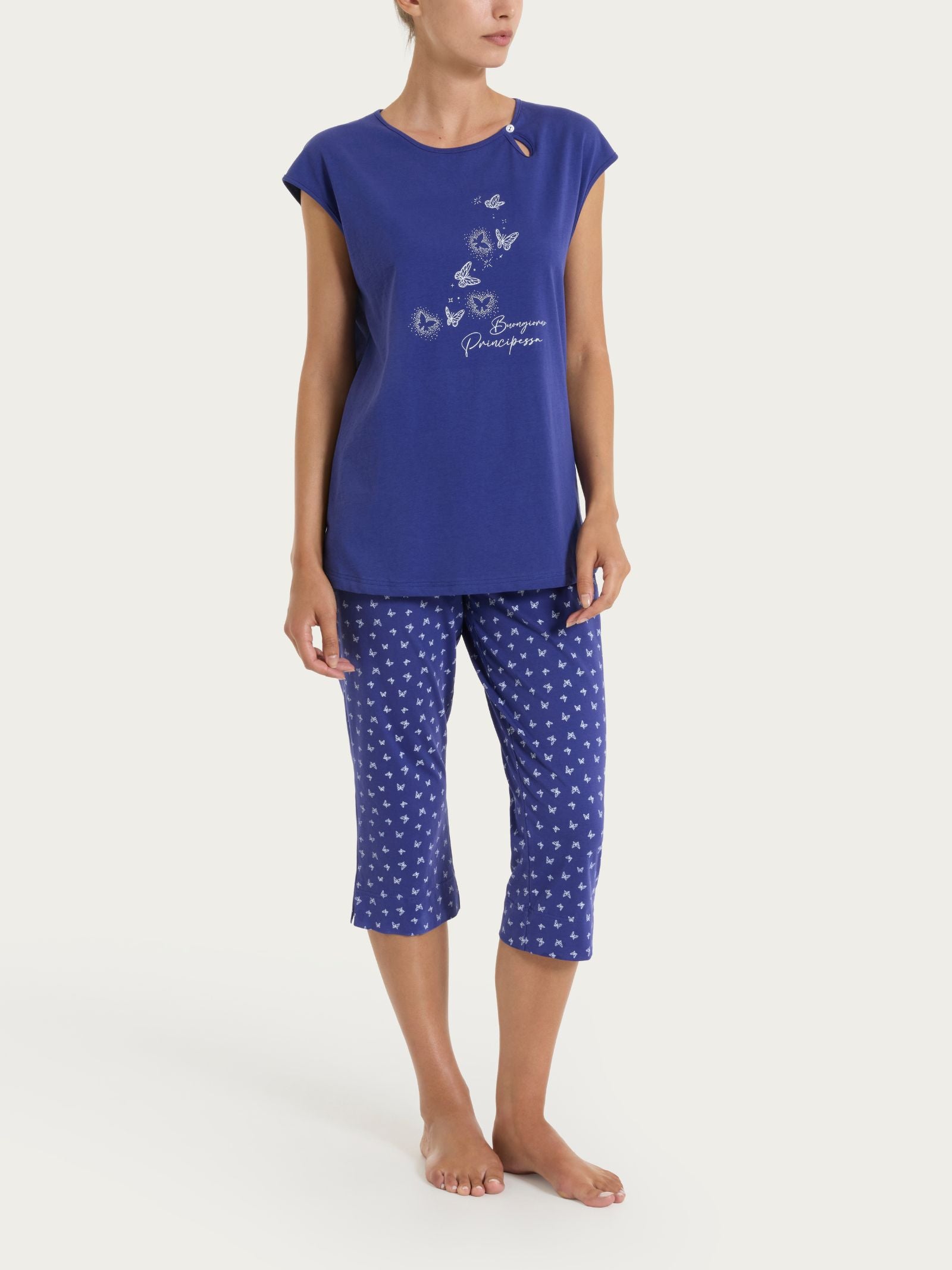 Pigiama pinocchietto con stampe in Jersey di Cotone Blu Donna - Ragno