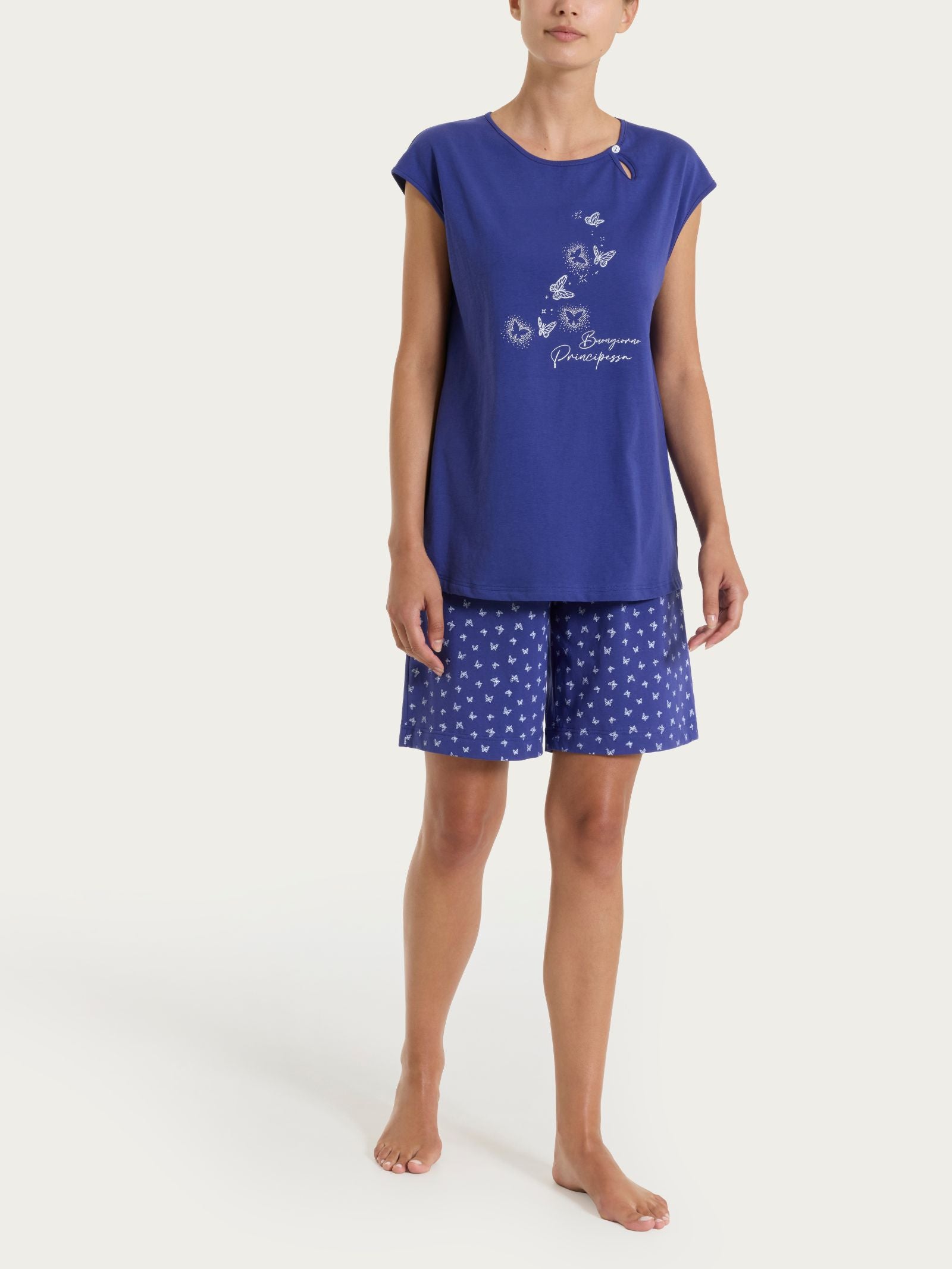 Pigiama corto con stampe in Jersey di Cotone Blu Donna - Ragno