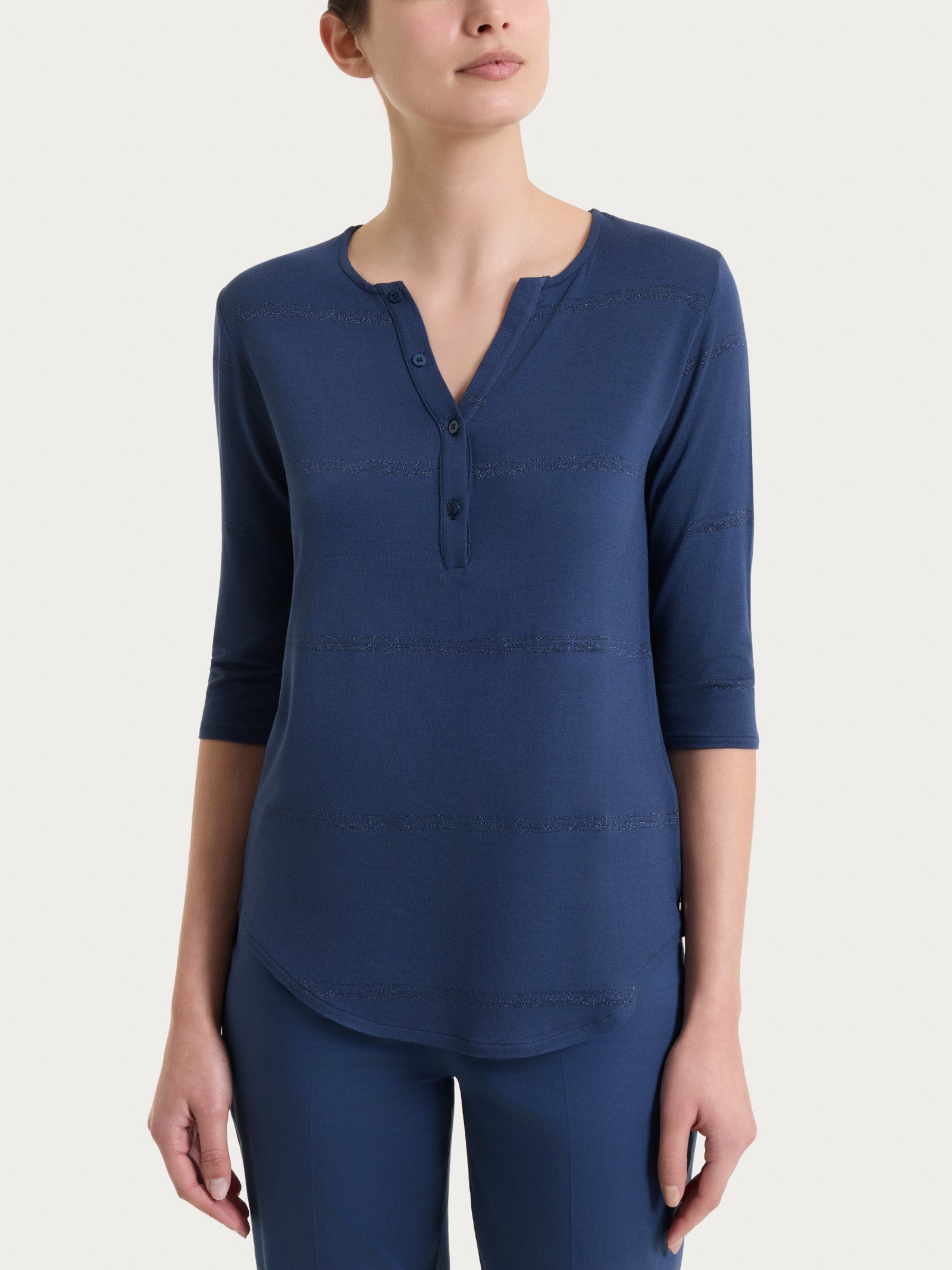 Maglietta a righe con collo a serafino in Viscosa Summer e Lurex Blu Donna - Ragno