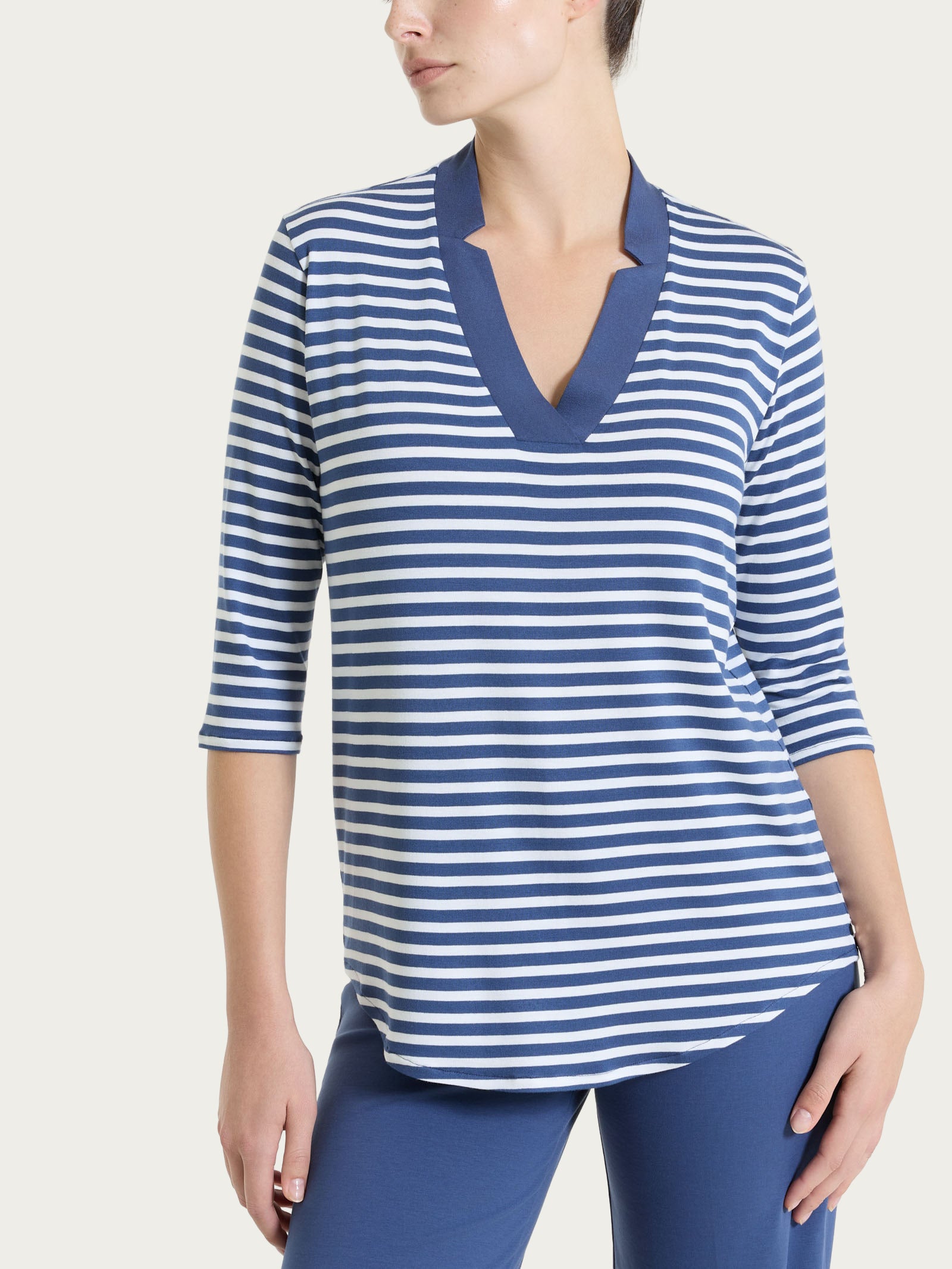 Maglietta con scollo a V a righe in Viscosa Summer Blu Donna - Ragno