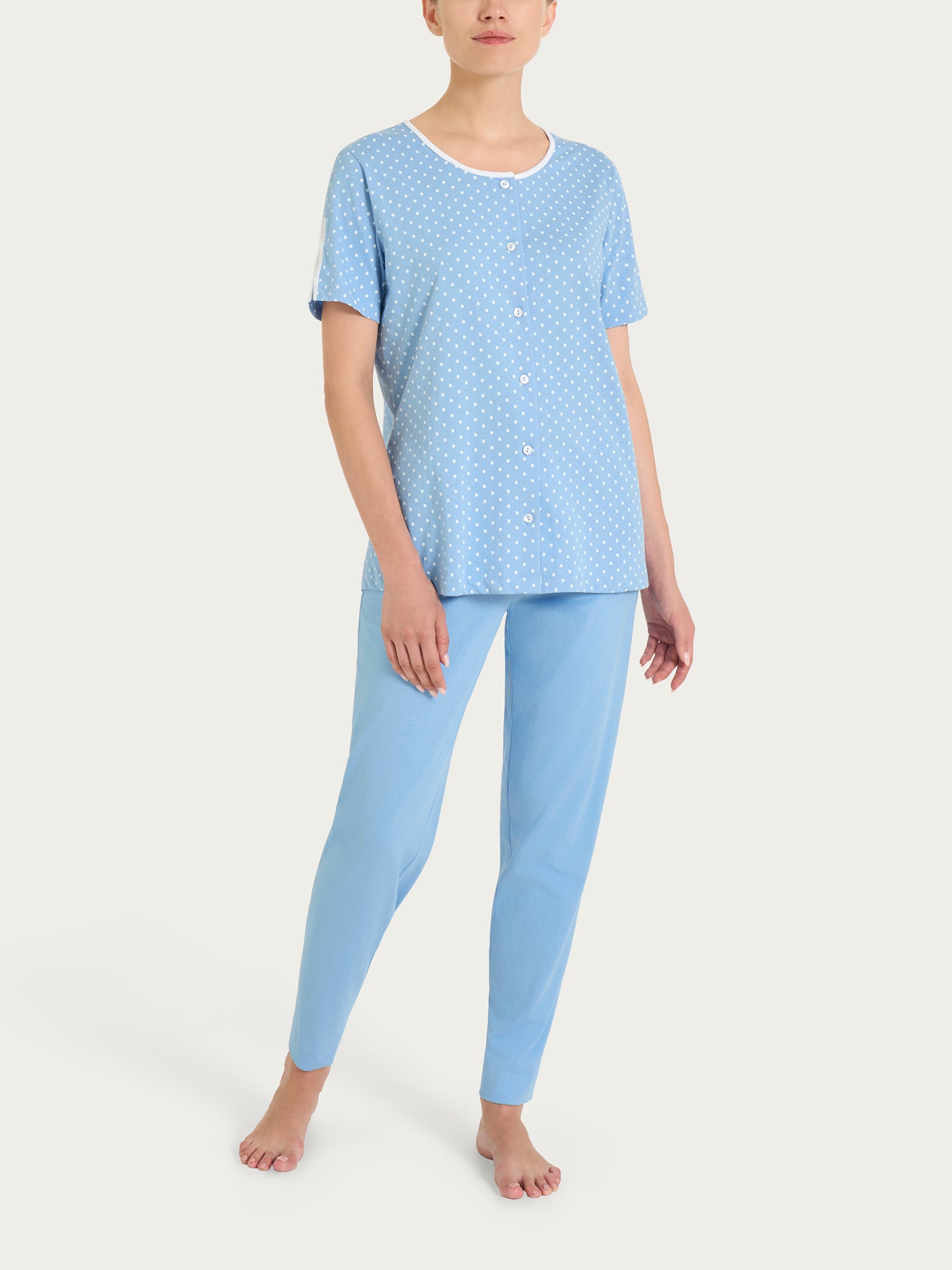 Pigiama aperto a pois in Jersey di cotone Azzurri Donna - Ragno