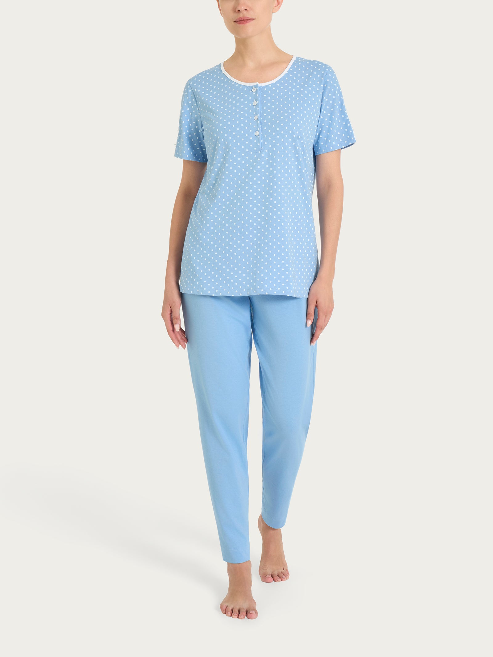 Pigiama a pois con collo a serafino in Jersey di cotone Azzurri Donna - Ragno