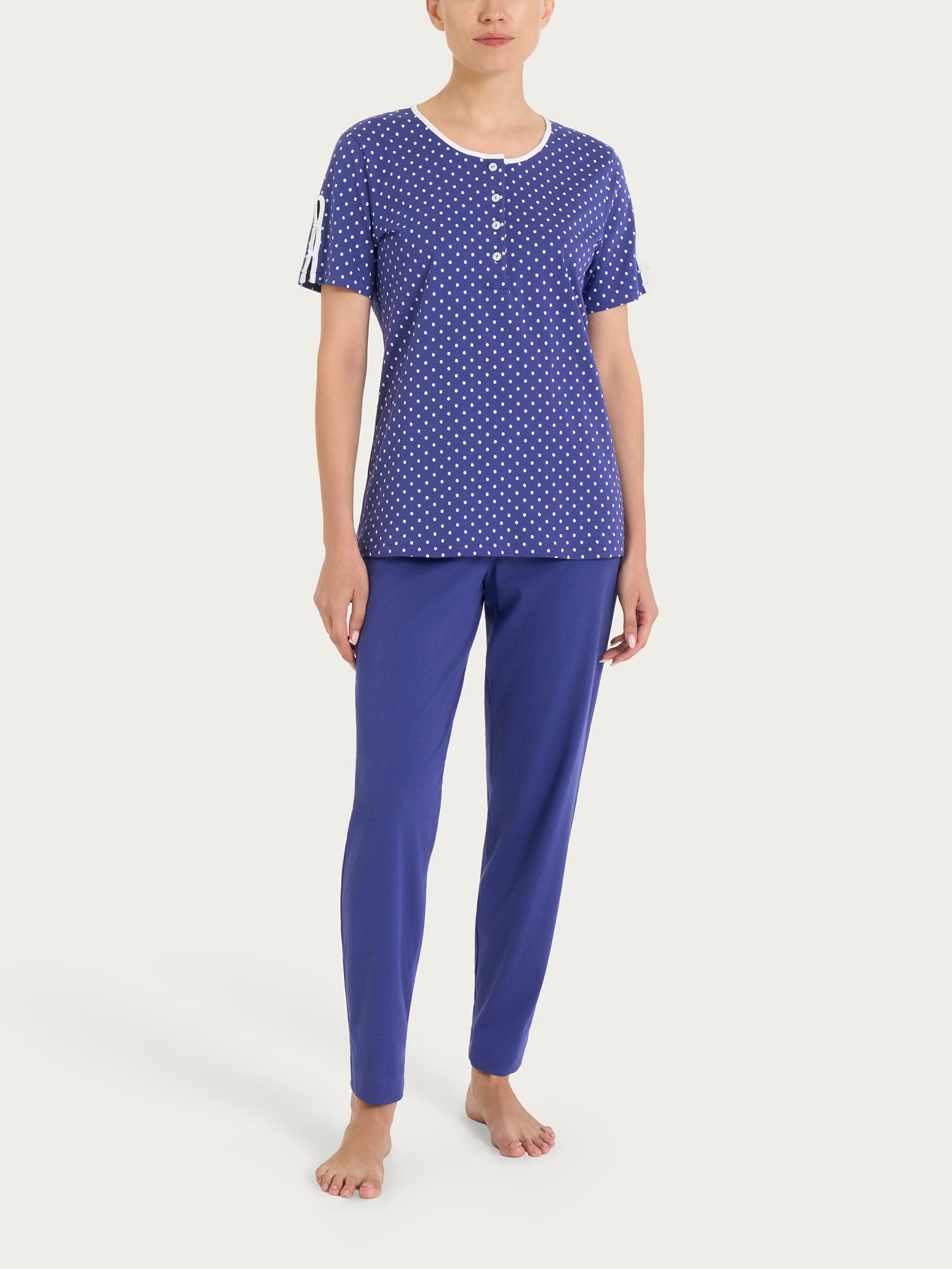 Pigiama a pois con collo a serafino in Jersey di cotone Blu Donna - Ragno