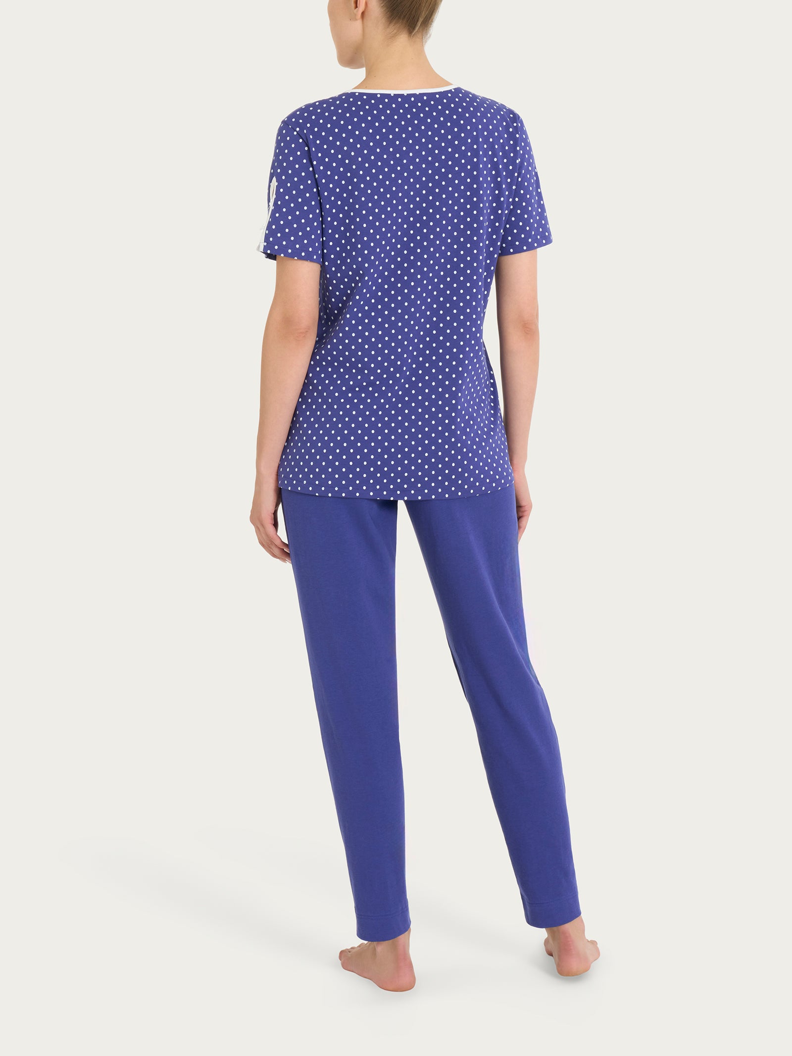 Pigiama a pois con collo a serafino in Jersey di cotone Blu Donna - Ragno